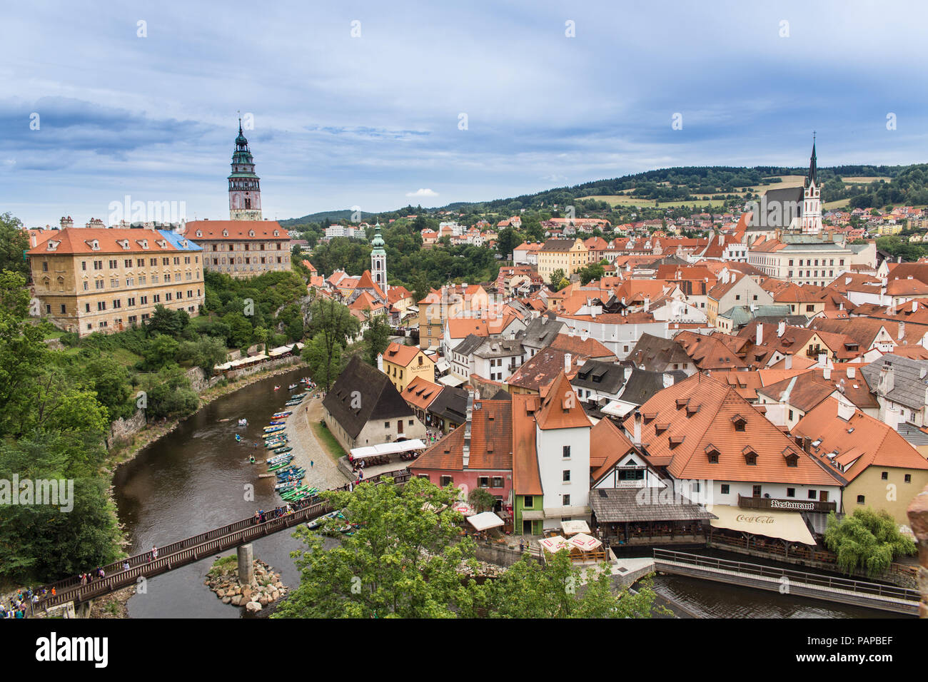 Beautiful view at the Castle Tower of the old bohemian little town Czech Krumlov (Cesky Krumlov), Czech Republic Stock Photo