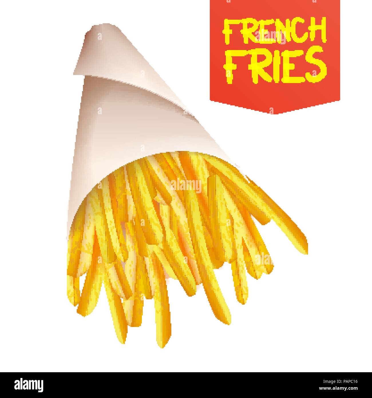 French Fries Potatoes Vector. Fast Food Icons Potato. Full Paper Bag, Cone. Isolated Realistic Illustration Stock Vector