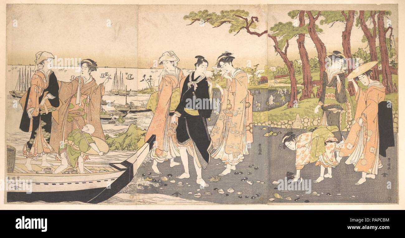 Picking Clams. Artist: Utagawa Toyokuni I (Japanese, 1769-1825). Culture: Japan. Dimensions: 15 5/8 x 30 5/8 in. (39.7 x 77.8 cm). Date: ca. 1791.  In the late eighteenth century, ukiyo-e printmakers began to create works consisting of three attached oban ('large format') sheets of paper. Toyokuni took advantage of this layout to place figures in panoramic landscapes. In this triptych, he arranged a group of three figures in the foreground of each sheet and used Western perspective (uki-e) to draw our eyes to the seascape in the distance. At the center, beauties in stunning garments stand in g Stock Photo