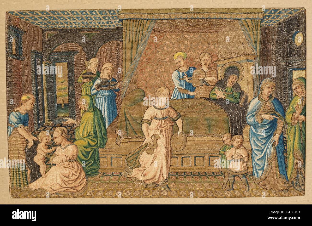 The Birth of John the Baptist. Culture: Italian, probably Florence. Designer: Design attributed to Benozzo Gozzoli (Benozzo di Lese di Sandro) (Italian, Florence ca. 1420-1497 Pistoia). Dimensions: H. 12 3/4 x W. 19 1/2 inches (32.4 x 49.5 cm). Date: 1460-80.  This embroidered panel, called an apparel, was part of the decoration of a priest's dalmatic. Or nué refers to the technique of embroidering colored silk threads over metal threads. Museum: Metropolitan Museum of Art, New York, USA. Stock Photo