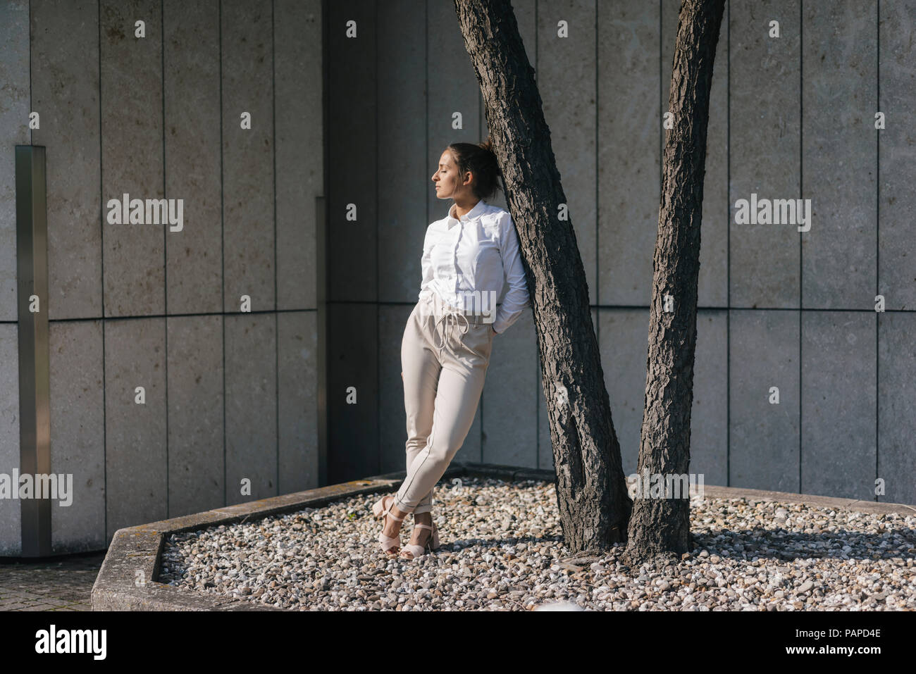 Young businesswoman leaning against atree in a backyard Stock Photo