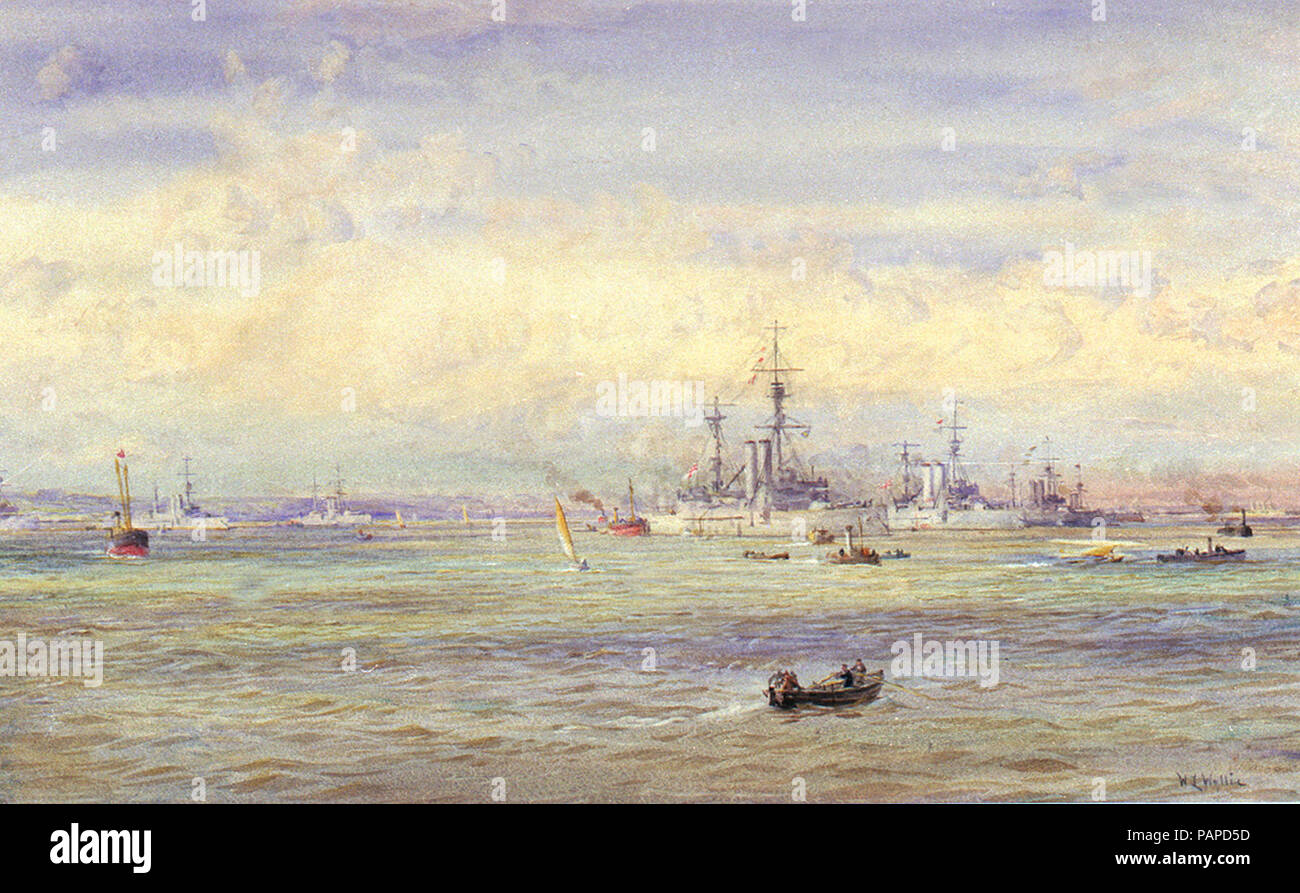 A sunny naval anchorage, with six 'King Edward VII'-class battleships and other shipping Stock Photo
