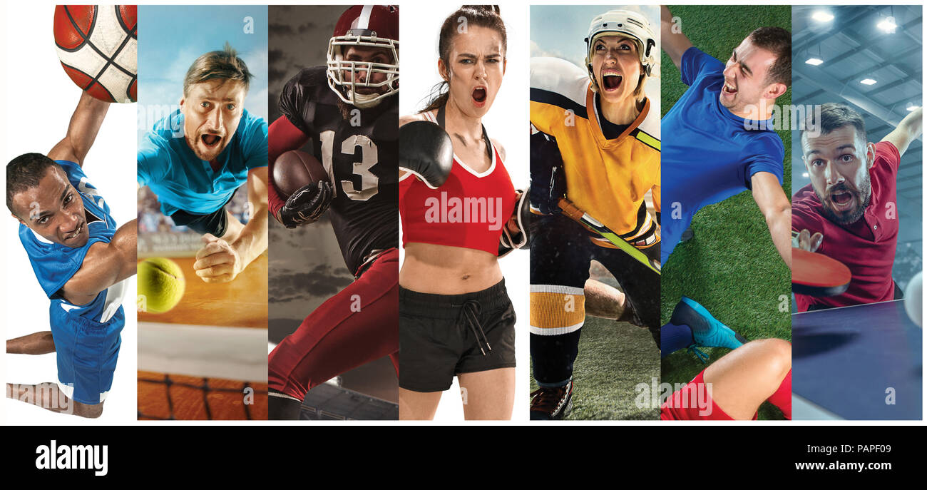 Sport collage about soccer, american football, basketball, tennis ...