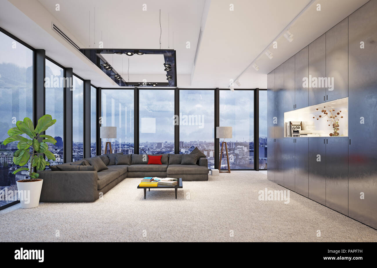 Modern Interior With Big Glass Windows 3d Rendering Concept Design Stock Photo Alamy
