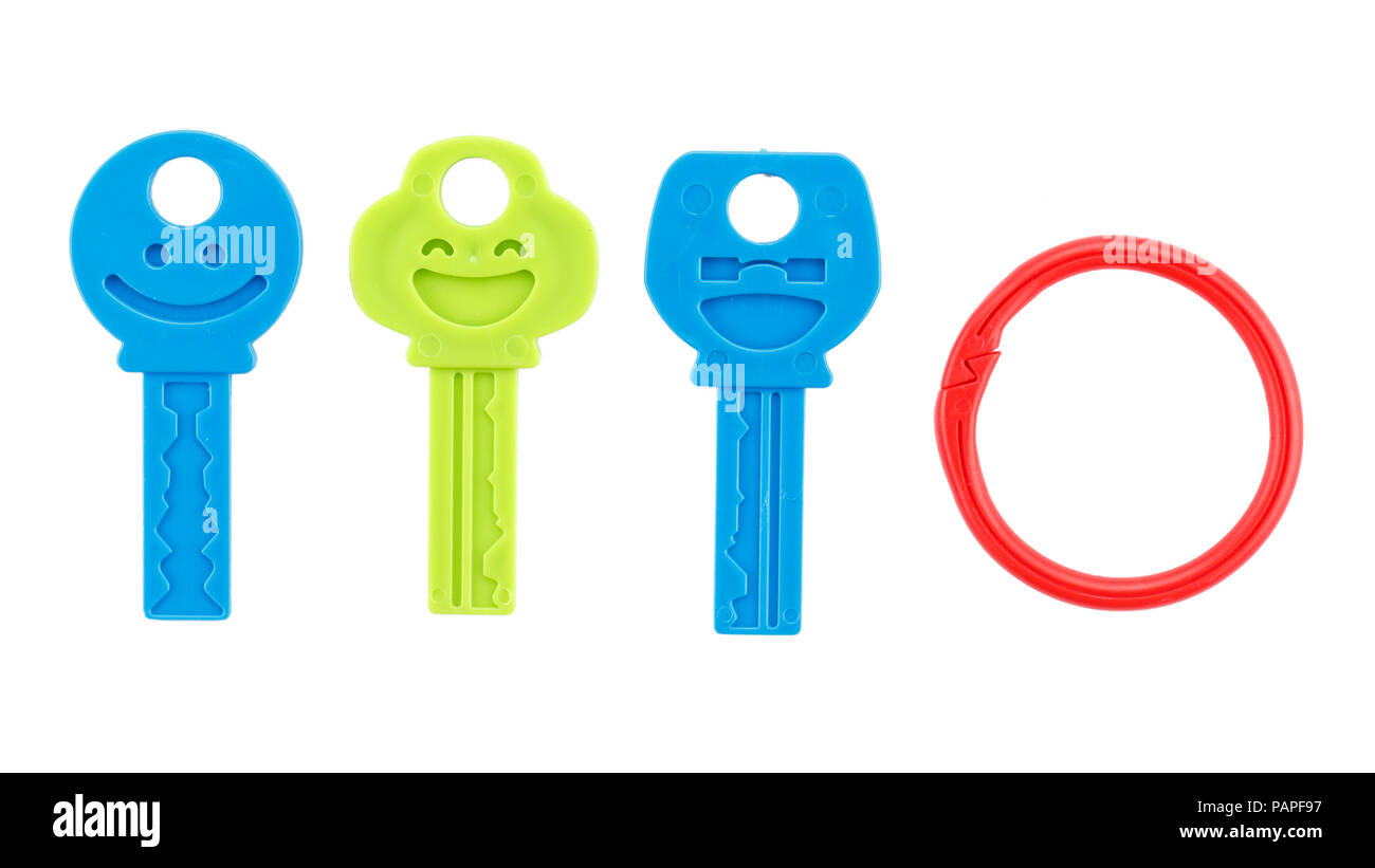 plastic toy keys isolated, colorful teethers for babies Stock Photo