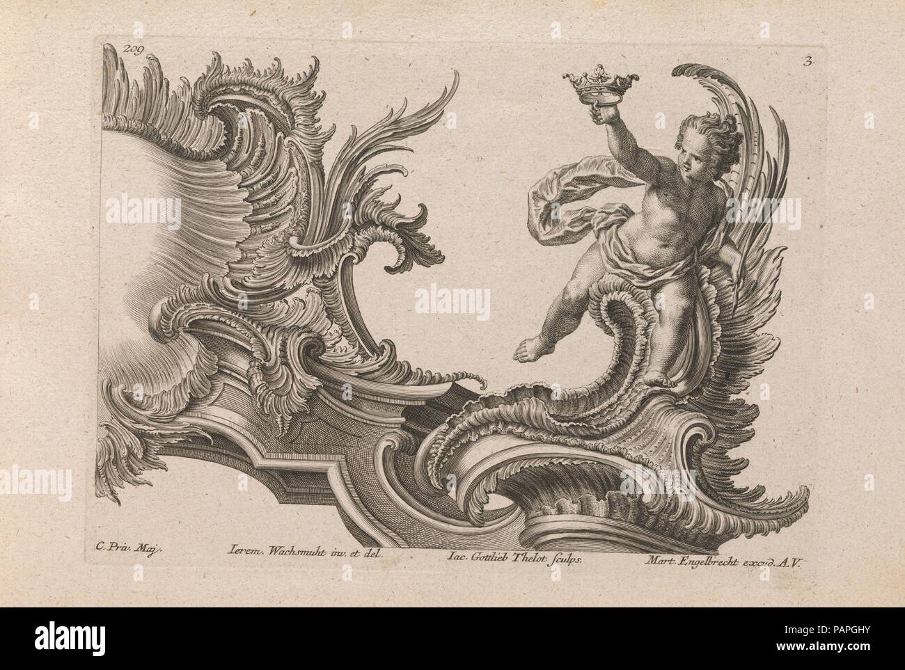 Design for a Rocaille Cartouche with the Figure of a Putto, Plate 3 from an untitled series with architectural cartouches and allegorical figures. Artist: After Jeremias Wachsmuth (German, 1712-1771). Dimensions: Overall: 8 7/16 × 13 3/4 in. (21.5 × 35 cm). Engraver: Jacob Gottlieb Thelot (German, Augsburg 1708-1760 Augsburg). Publisher: Martin Engelbrecht (German, Augsburg 1684-1756 Augsburg). Date: Printed ca. 1750-56.  Ornament print with a design for the right half of a large cartouche with the figure of a putto holding up a crown, bound in an album containing 27 series with a total of 122 Stock Photo
