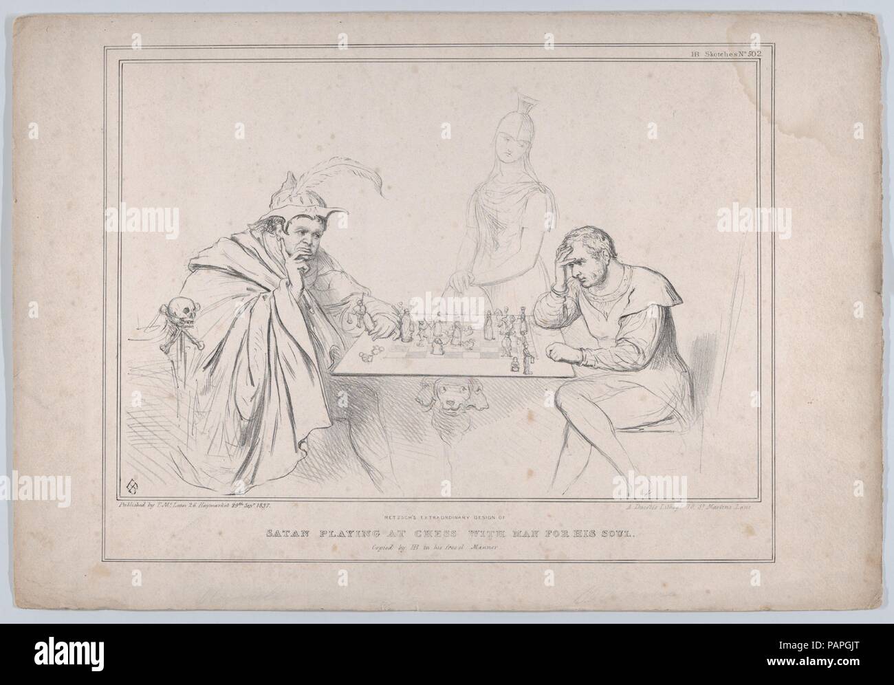 Retzsch's Extraordinary Design of Satan Playing at Chess with Man for his Soul. Artist: John Doyle (Irish, Dublin 1797-1868 London); Associated with Moritz Retzsch (German, Dresden 1779-1857 Hoflössnitz bei Dresden). Dimensions: Sheet: 11 13/16 × 17 5/16 in. (30 × 44 cm). Lithographer: Alfred Ducôte (British, active 1830-40). Publisher: Thomas McLean (British, active London 1788-1885). Series/Portfolio: HB Sketches, No. 502. Subject: William Lamb, 2nd Viscount Melbourne (British, London 1779-1848 Hertfordshire); Daniel O'Connell (Irish, Cahirciveen, Kerry 1775-1847 Genoa). Date: September 29,  Stock Photo