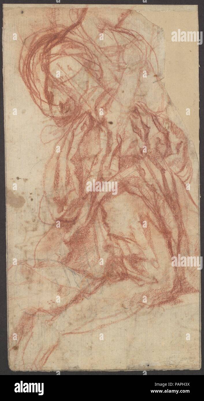 Study of a Kneeling Figure (recto); Design for a Festival Chariot (verso). Artist: Anonymous, Italian, Florentine, 16th century (ca. 1530-1540). Dimensions: sheet: 11 5/8 x 5 1/4 in. (29.5 x 13.3 cm). Date: 1530-40.  Cropped abruptly at the top border by an early collector, this remarkably vigorous drawing seems essentially to have functioned as a drapery study, and it appears to have served for an angel or a saint. The agitated, zigzagging folds of the tunic add a highly emotive quality to the figure. The study is done with bold, repeatedly reinforced outlines, pressed onto the paper, while t Stock Photo