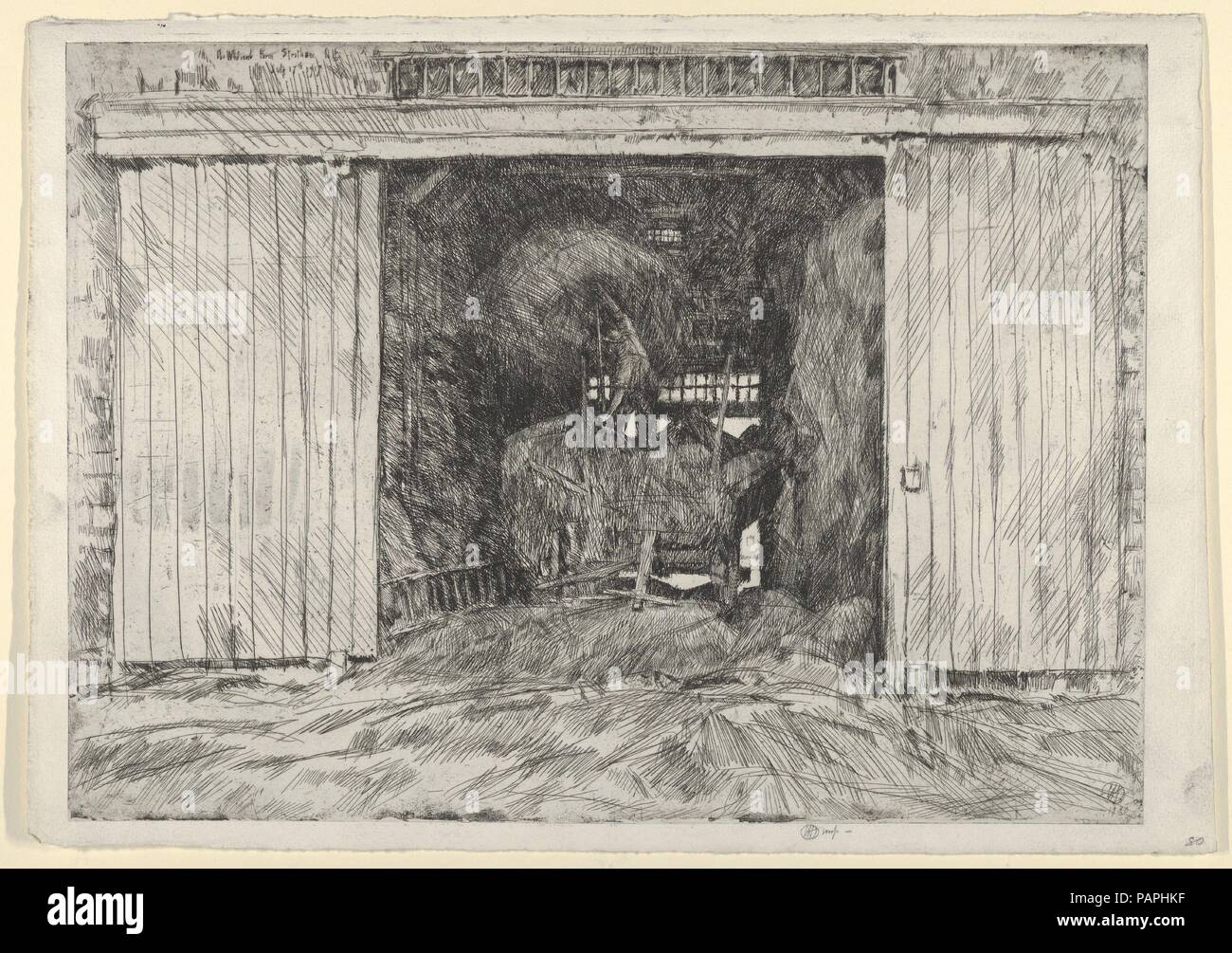 The Hay Barn. Artist: Childe Hassam (American, Dorchester, Massachusetts 1859-1935 East Hampton, New York). Dimensions: Plate: 10 5/16 x 14 1/4 in. (26.2 x 36.2 cm)  Sheet: 10 7/8 x 15 3/4 in. (27.6 x 40 cm). Date: 1920. Museum: Metropolitan Museum of Art, New York, USA. Stock Photo