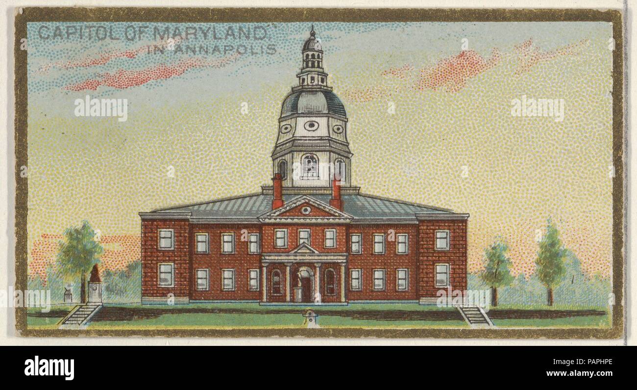 Capitol of Maryland in Annapolis, from the General Government and State Capitol Buildings series (N14) for Allen & Ginter Cigarettes Brands. Dimensions: Sheet: 1 1/2 x 2 3/4 in. (3.8 x 7 cm). Lithographer: The Gast Lithograph & Engraving Company (American, New York). Publisher: Issued by Allen & Ginter (American, Richmond, Virginia). Date: 1889.  Trade cards from the 'General Government and State Capitol Buildings' series (N14), issued in 1889 in a set of 50 cards to promote Allen & Ginter brand cigarettes. Museum: Metropolitan Museum of Art, New York, USA. Stock Photo