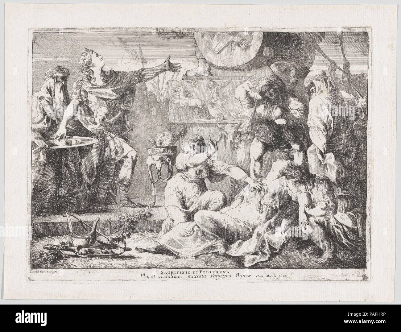 The Sacrifice of Polyxena. Artist: Giovanni David (Italian, Cabella Ligure 1749-1790 Genoa). Dimensions: plate: 8 3/4 x 11 15/16 in. (22.2 x 30.3 cm)  sheet: 10 1/4 x 13 9/16 in. (26 x 34.4 cm). Date: 1776.  According to Greek legend, the warrior Achilles fell in love with Polyxena, daughter of King Priam of Troy. She was promised to him in marriage if he agreed to end the war between the Greeks and the Trojans. Achilles was ambushed by Polyxena's brothers, however, who shot a poisoned arrow in his heel--hence the expression 'Achilles heel,' a point of vulnerability. Before he died, Achilles o Stock Photo