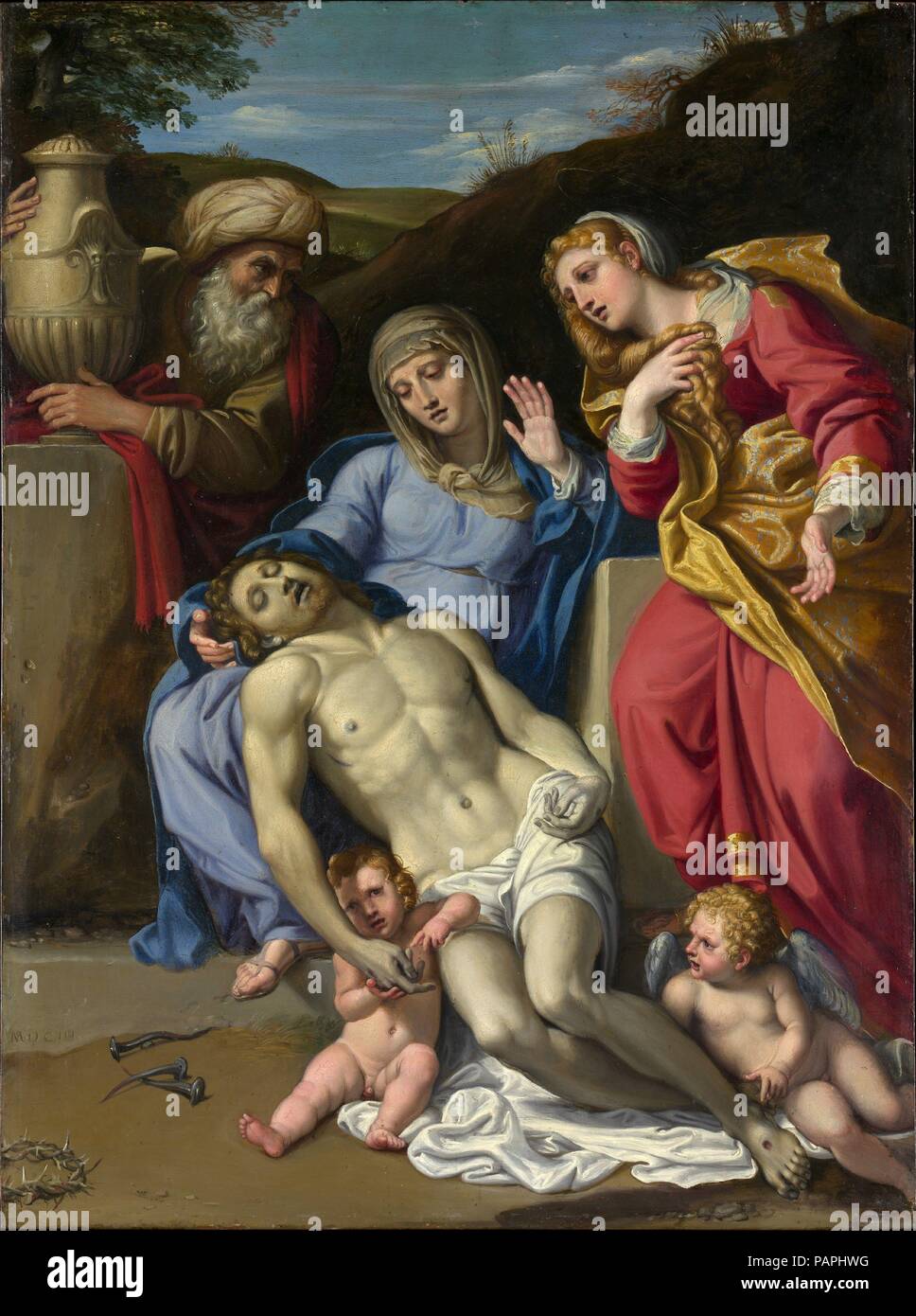 The Lamentation. Artist: Domenichino (Domenico Zampieri) (Italian, Bologna 1581-1641 Naples). Dimensions: 20 7/8 x 14 3/4 in. (53 x 37.5 cm). Date: 1603.  This beautifully preserved picture was painted by Domenichino a year after he moved from his native Bologna to Rome. The composition repeats that of a large altarpiece designed by Annibale Carracci for the church of San Francesco a Ripa, Rome (now in the Louvre, Paris) and this explains why, in the past, the picture was ascribed to Annibale rather than to Domenichino. Annibale greatly admired the talent of his young assistant, who in this pi Stock Photo