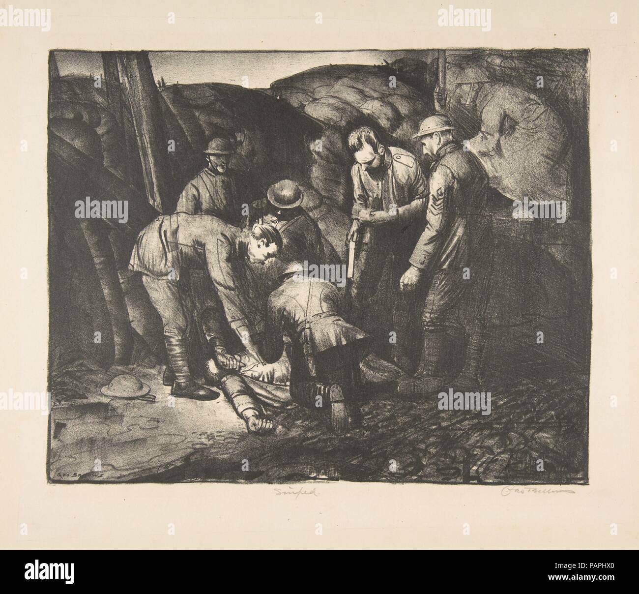 Sniped from War Series. Artist: George Bellows (American, Columbus, Ohio 1882-1925 New York). Dimensions: image: 8 7/8 x 11 1/8 in. (22.5 x 28.3 cm)  sheet: 10 11/16 x 12 1/2 in. (27.1 x 31.8 cm). Date: 1918.  Sniped is a poignant image of soldiers in a trench encircling a fallen comrade. Bellows does not reveal whether the man has been wounded or killed by the unseen sniper, focusing instead on the group of soldiers and the omnipresent sense of death. The constant threat of danger is reinforced by the faint image of the soldier poised with his gun on the upper right, separated from the others Stock Photo