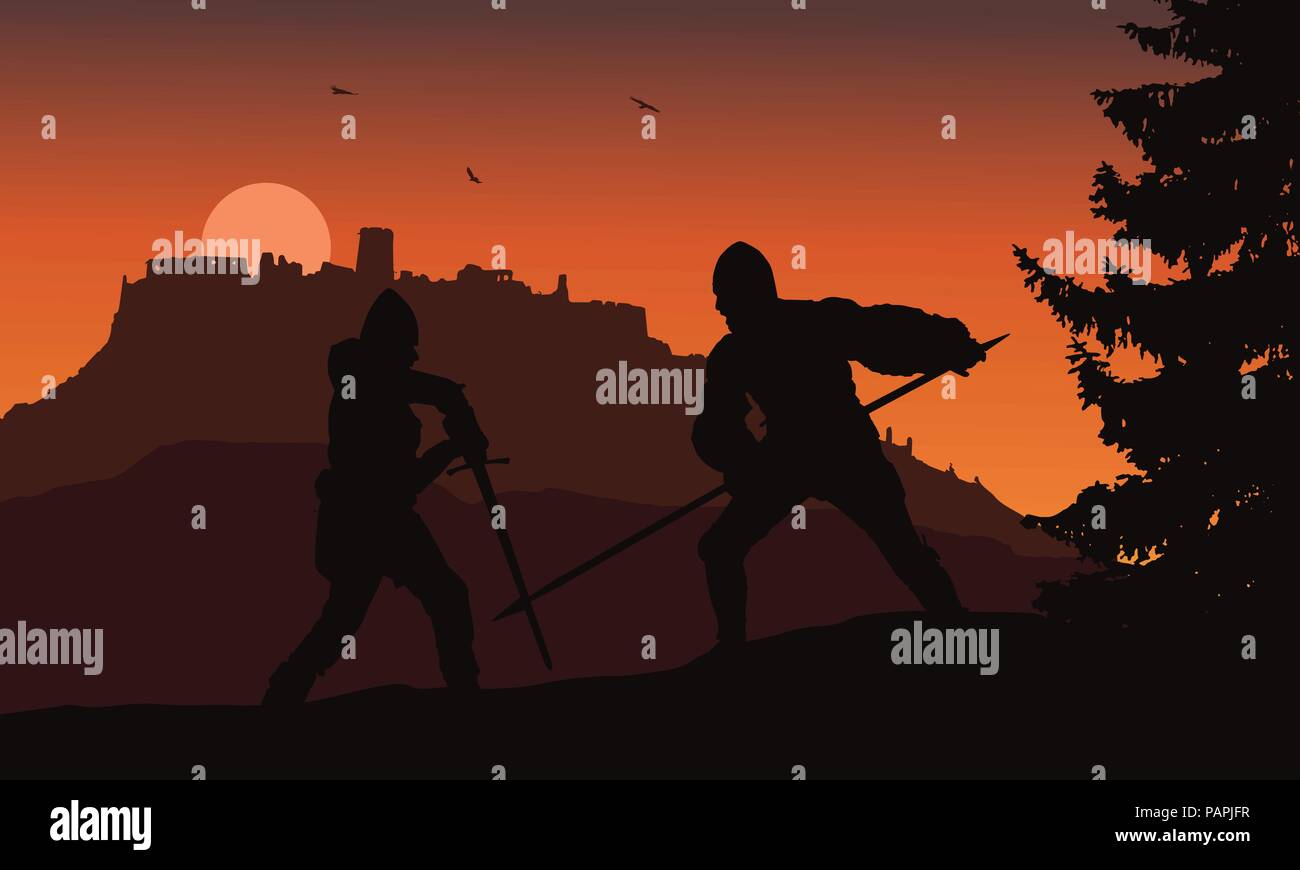 Vector silhouettes of two warriors fighting in a forest under the ruins of a medieval castle - Slovakia, Spis castle Stock Vector