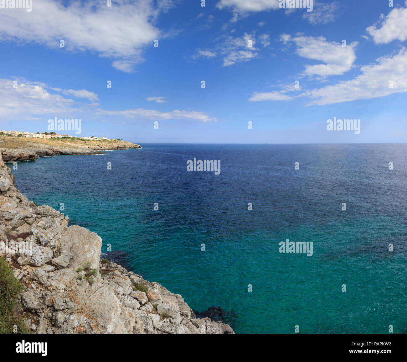 Coastline of Santa Maria di Leuca, the southernmost point of Italy, Apulia, (Salento). Beauty of natural rocks and sea at the very end of Italy. Stock Photo