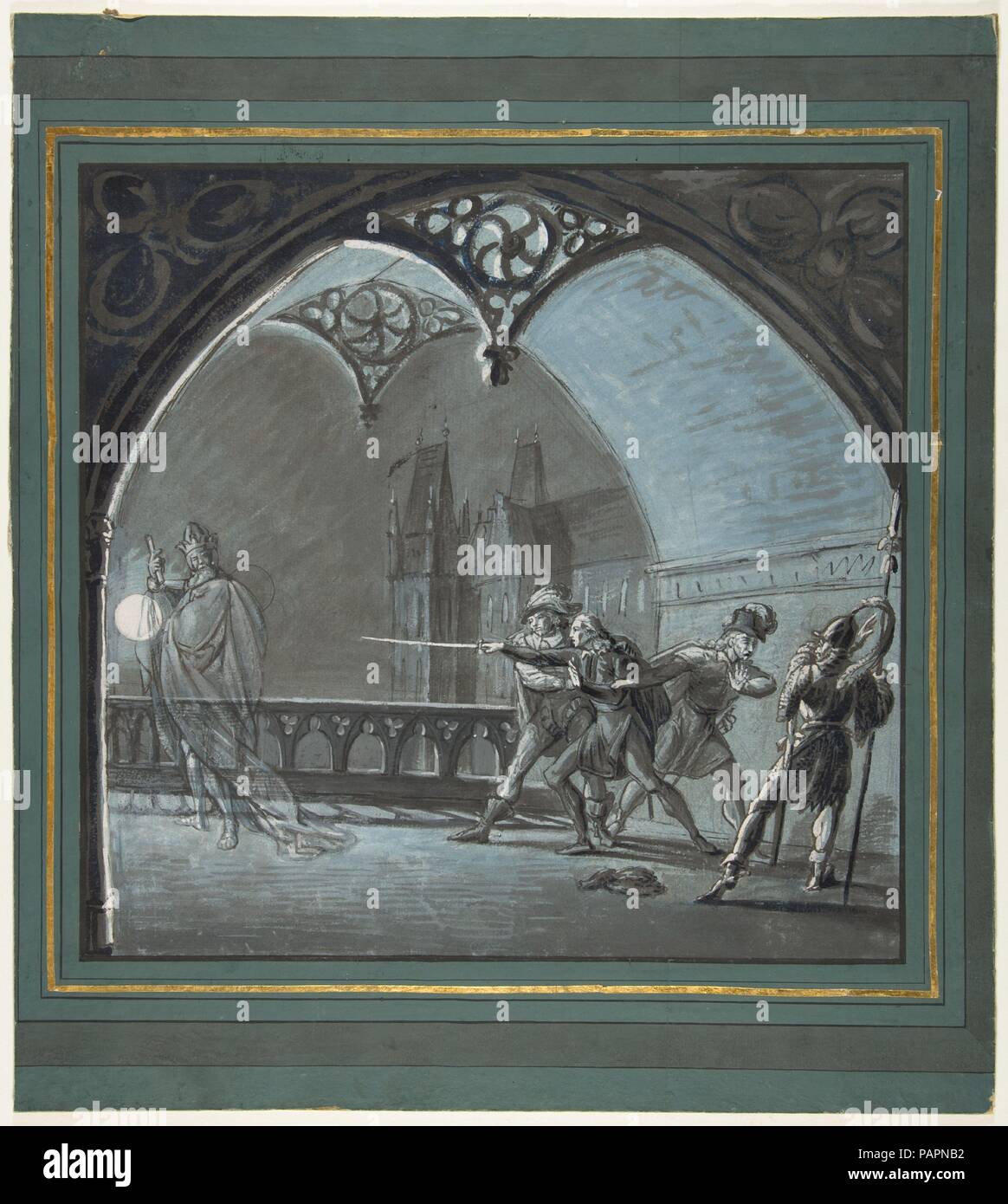 The Ghost of the King Appearing to Hamlet, Horatio and Guards (Hamlet, Act 1, Scene 4). Artist: Anonymous, French, 19th century. Dimensions: sheet: 12 3/4 x 13 1/8 in. (32.4 x 33.3 cm). Former Attribution: Formerly attributed to Anonymous, German, 19th century. Subject: William Shakespeare (British, Stratford-upon-Avon 1564-1616 Stratford-upon-Avon). Date: 19th century. Museum: Metropolitan Museum of Art, New York, USA. Stock Photo