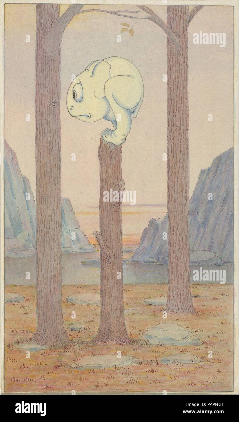 The 'Wiggle Much' Creature on a Tree Stump Looking at a Bug. Artist: Herbert E. Crowley (British, London 1873-1939 Zurich). Dimensions: Image: 7 3/4 × 4 9/16 in. (19.7 × 11.6 cm)  Sheet: 11 x 7 1/2 in. (28 x 19.1 cm). Date: ca. 1910. Museum: Metropolitan Museum of Art, New York, USA. Stock Photo