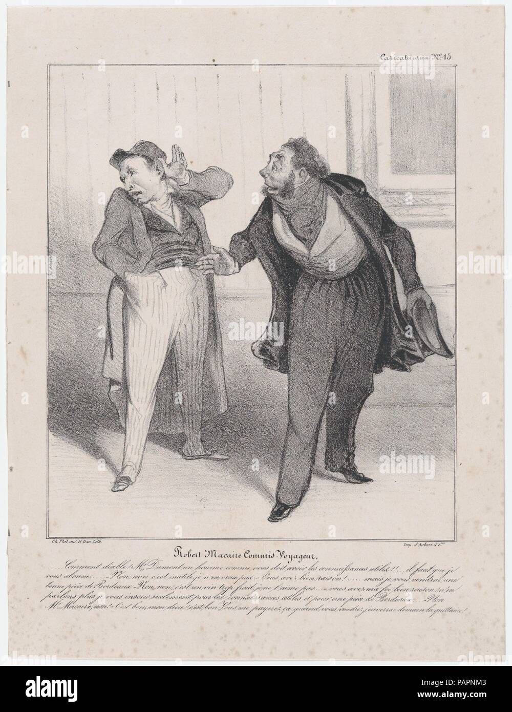 Plate 15: Robert Macaire, travelling salesman, from 'Caricaturana,' published in Les Robert Macaires. Artist: Honoré Daumier (French, Marseilles 1808-1879 Valmondois). Author: Charles Philipon (French, Lyons 1800-1862 Paris). Dimensions: Image: 9 3/4 × 8 3/8 in. (24.7 × 21.2 cm)  Sheet: 13 7/16 × 10 3/16 in. (34.2 × 25.9 cm). Printer: Aubert et Cie; Junca. Publisher: Aubert et Cie. Series/Portfolio: 'Caricaturana'. Date: 1838.  Mr. Gobard, may I have the honor of presenting you Madame De St. Bertrand, widow of the Great Army, who possesses a very considerable fortune and Mademoiselle Eloa de W Stock Photo