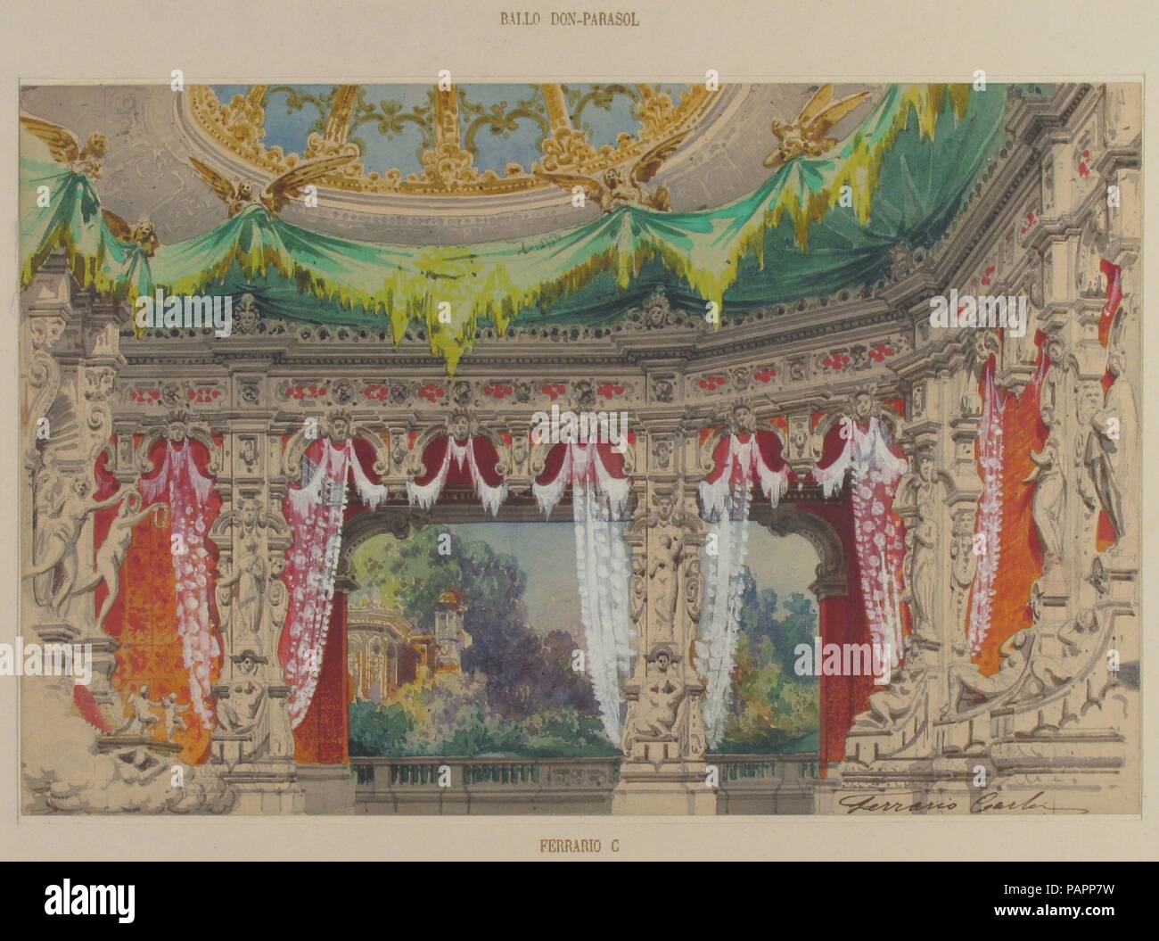 Stage Set Design for a Ballet: Don Parasol. Artist: Carlo Ferrario (Italian, Milan, 1833-1907). Dimensions: Overall: 13 3/4 x 19 1/8 in. (35 x 48.5 cm)  image: 8 7/16 x 13 in. (21.5 x 33 cm). Date: 1869. Museum: Metropolitan Museum of Art, New York, USA. Stock Photo