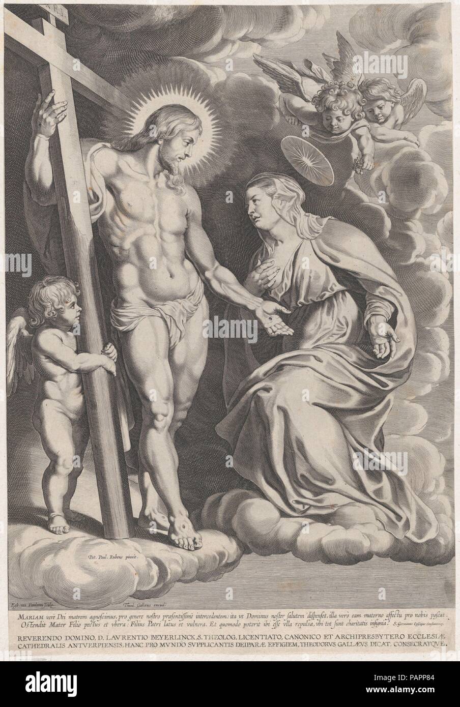 The Intercession of the Virgin, kneeling on a cloud at right before Christ, standing at left holding the cross. Artist: After Peter Paul Rubens (Flemish, Siegen 1577-1640 Antwerp); Egbert Van Panderen (Flemish, Haarlem 1590-1637 Antwerp). Dimensions: Sheet (Trimmed): 17 7/16 × 11 15/16 in. (44.3 × 30.4 cm). Publisher: Theodoor Galle (Netherlandish, Antwerp 1571-1633 Antwerp). Date: ca. 1610-37. Museum: Metropolitan Museum of Art, New York, USA. Stock Photo