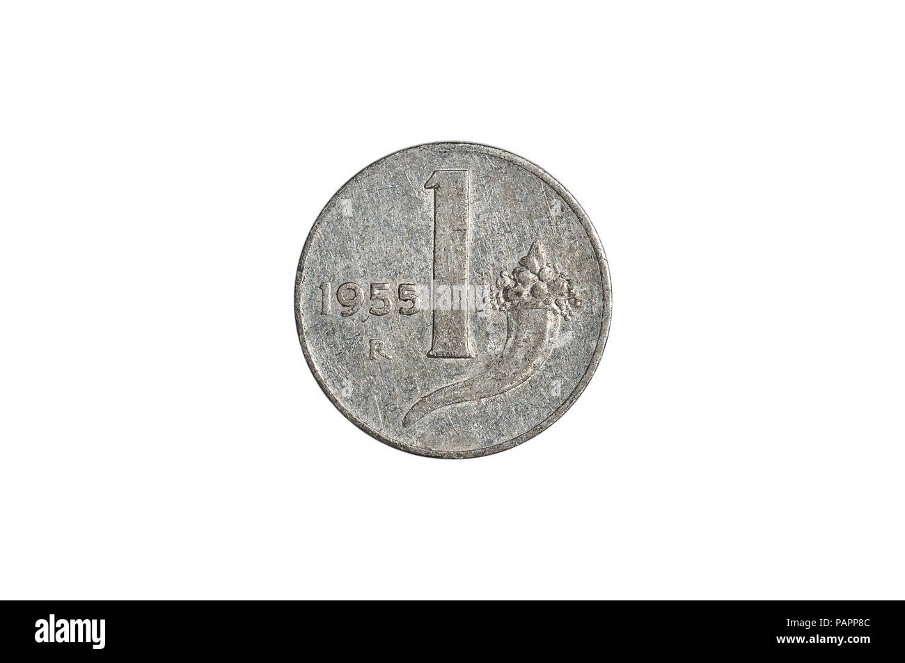 One Italian lira coin close-up from 1950s Italy, tail side. Isolated on white studio background. Archival collection coin of one lire value. Stock Photo