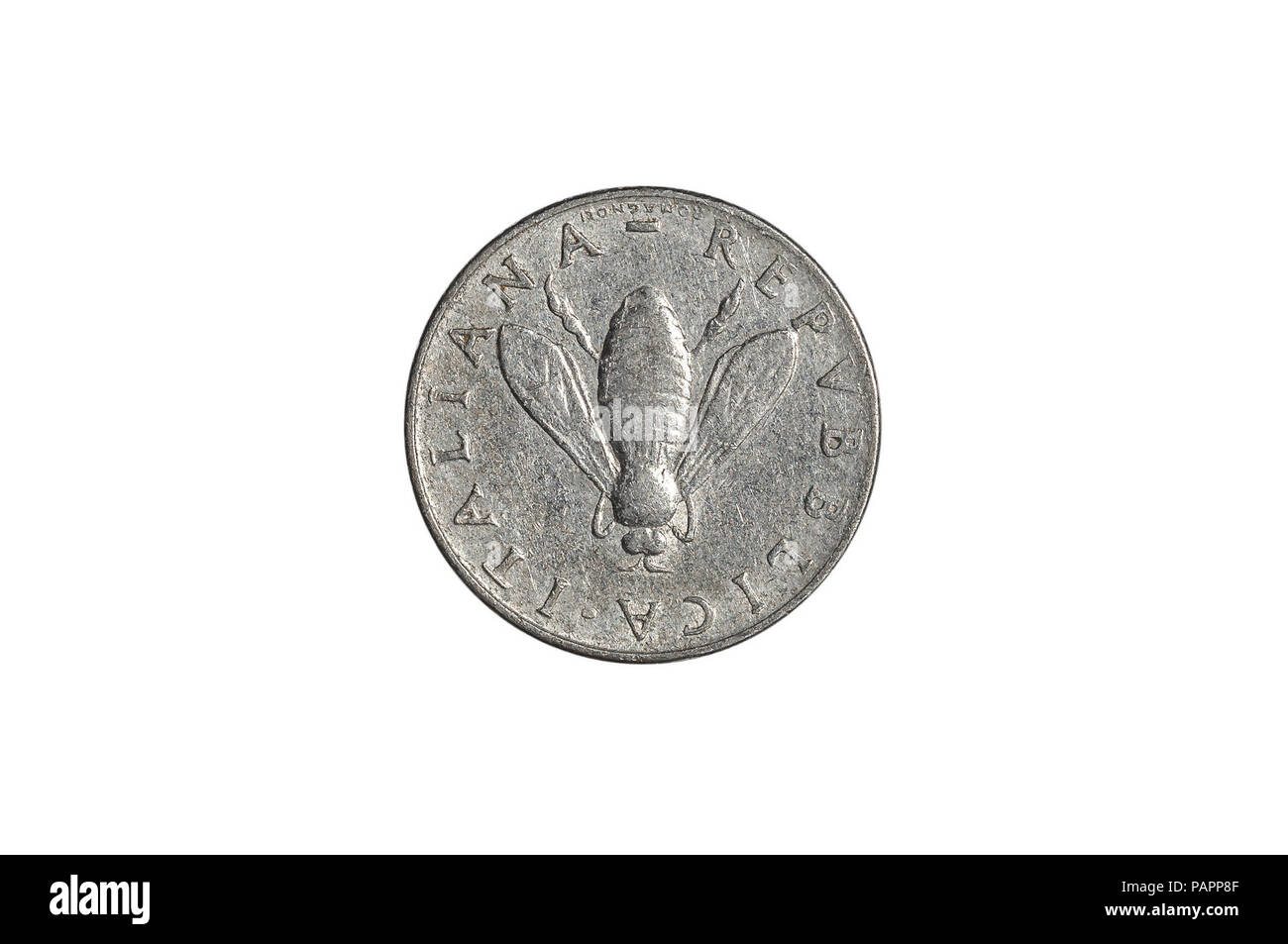 two Italian lire coin close-up from 1950s Italy, head side with bee icon. Isolated on white studio background. Archival collection coin of two lires value. Stock Photo