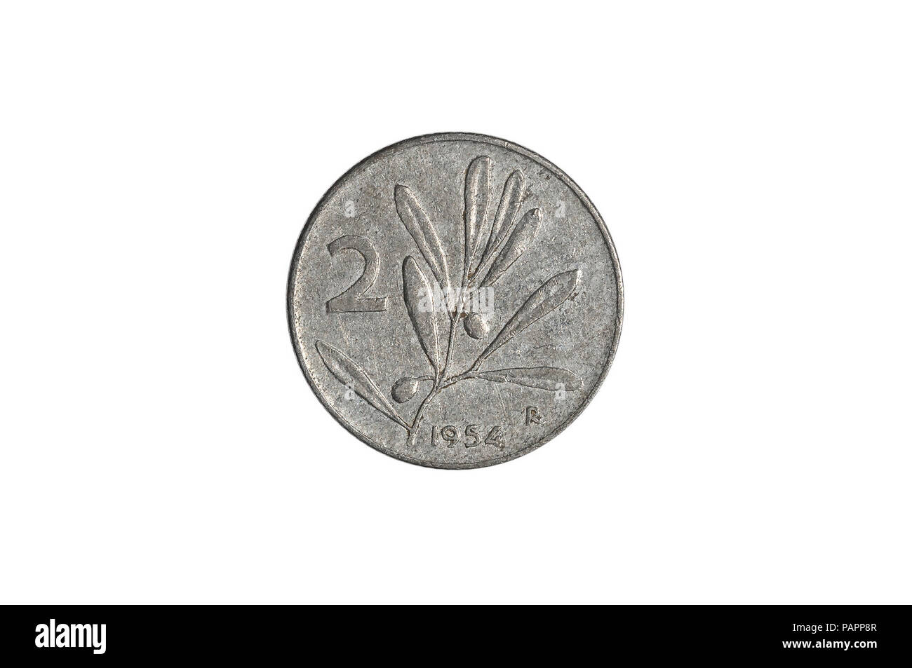 two Italian lira coin close-up from 1950s Italy, tail side. Isolated on white studio background. Archival collection coin of two lires value. Stock Photo