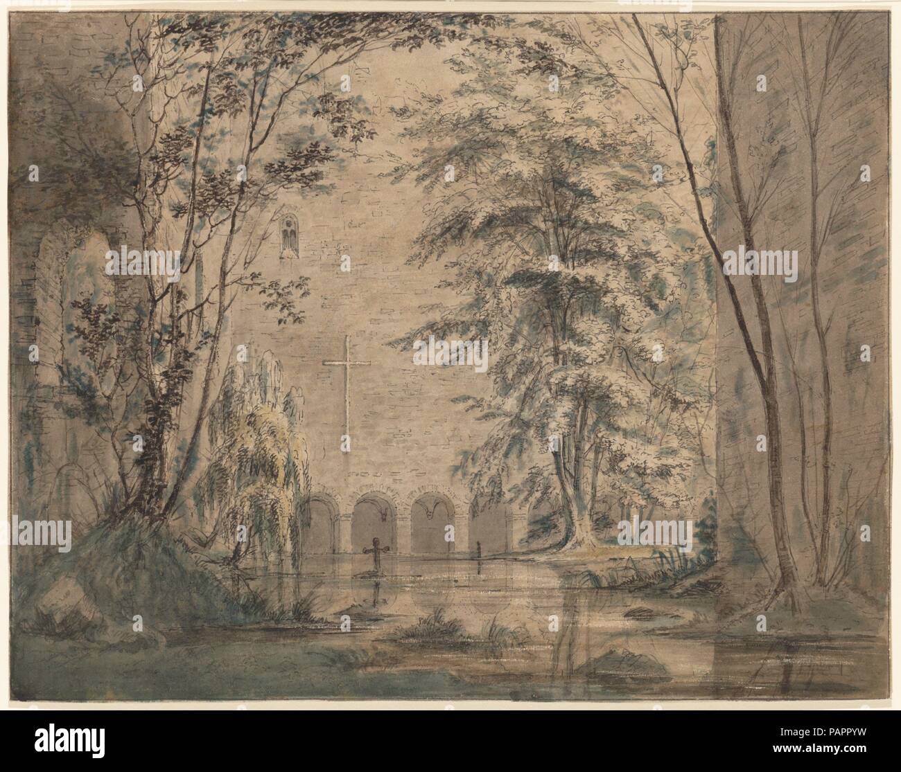 Inundated Ruins of a Monastery. Artist: Karl Blechen (German, Cottbus 1798-1840 Berlin). Dimensions: Sheet: 10 1/4 x 13 1/8 in. (26 x 33.3 cm). Date: ca. 1824.  With Caspar David Friedrich and Johan Christian Clausen Dahl, who both exerted a major influence on his art, Karl Blechen can be termed one of the leading landscapists of German Romanticism. A more overtly subjective painter, he transformed his observations of nature and architecture by means of his imagination and technical experiments. The proud medieval building in this drawing--in fact hardly more than a seemingly endless wall supp Stock Photo