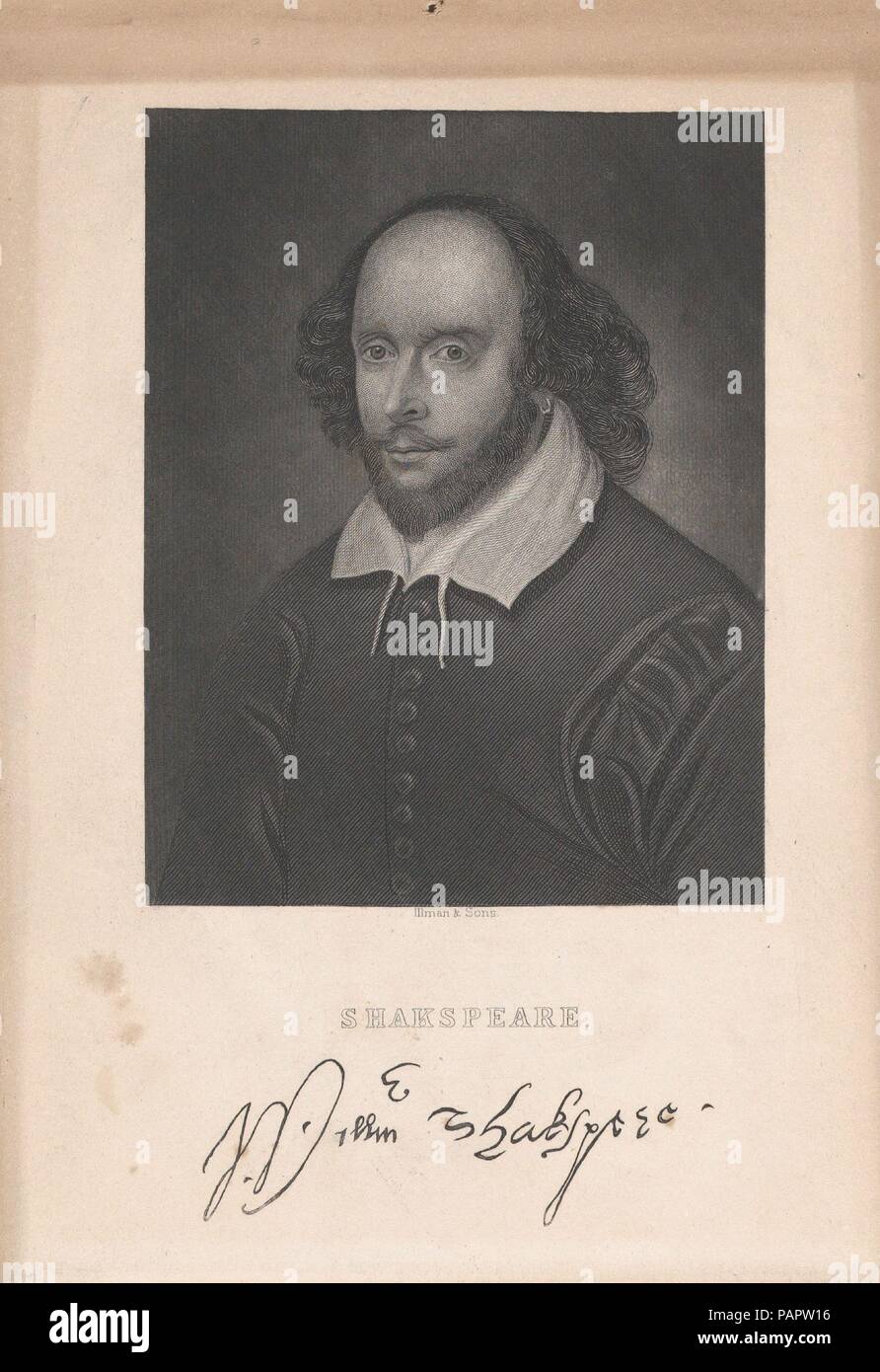William Shakespeare. Dimensions: Sheet: 7 13/16 × 5 7/16 in. (19.8 × 13.8 cm). Publisher: Illman and Sons (American, Philadelphia, active 19th century). Subject: William Shakespeare (British, Stratford-upon-Avon 1564-1616 Stratford-upon-Avon). Date: mid-19th century.  This engraved book illustration is based on the Chandos portrait of Shakespeare, a painting with a good claim to have been made during he subject's lifetime. Once owned by the Duke of Chandos, the painting later became the first to enter London's National Portrait Gallery in 1856. The subject wears a beard and mustache, plain dou Stock Photo