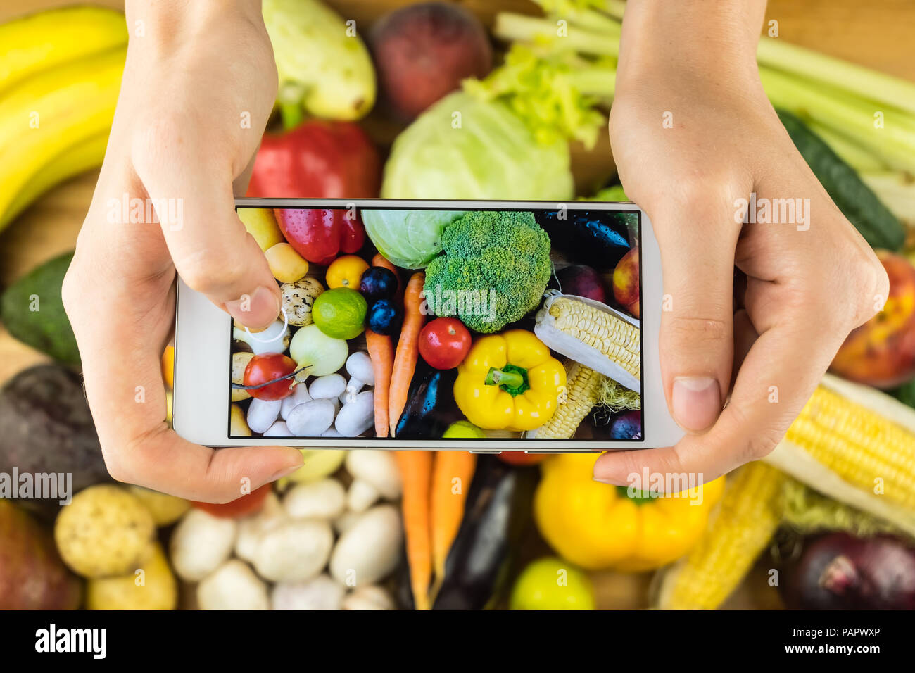 Taking photo of fresh organic fruit and vegetables on rustic wood table, top view. Close-up of female hands photographing flat lay of locally grown na Stock Photo