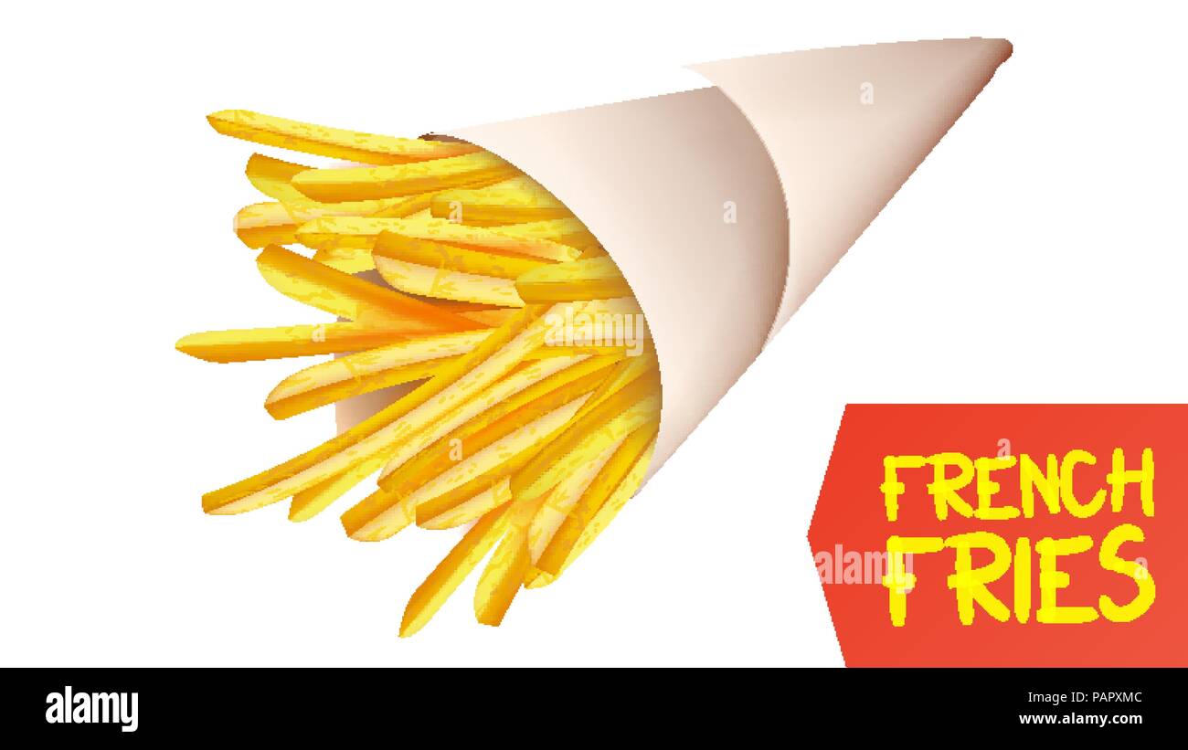 French Fries Potatoes Vector. Paper Cone. Classic American Fast Food Potato Stick. Isolated Realistic Illustration Stock Vector