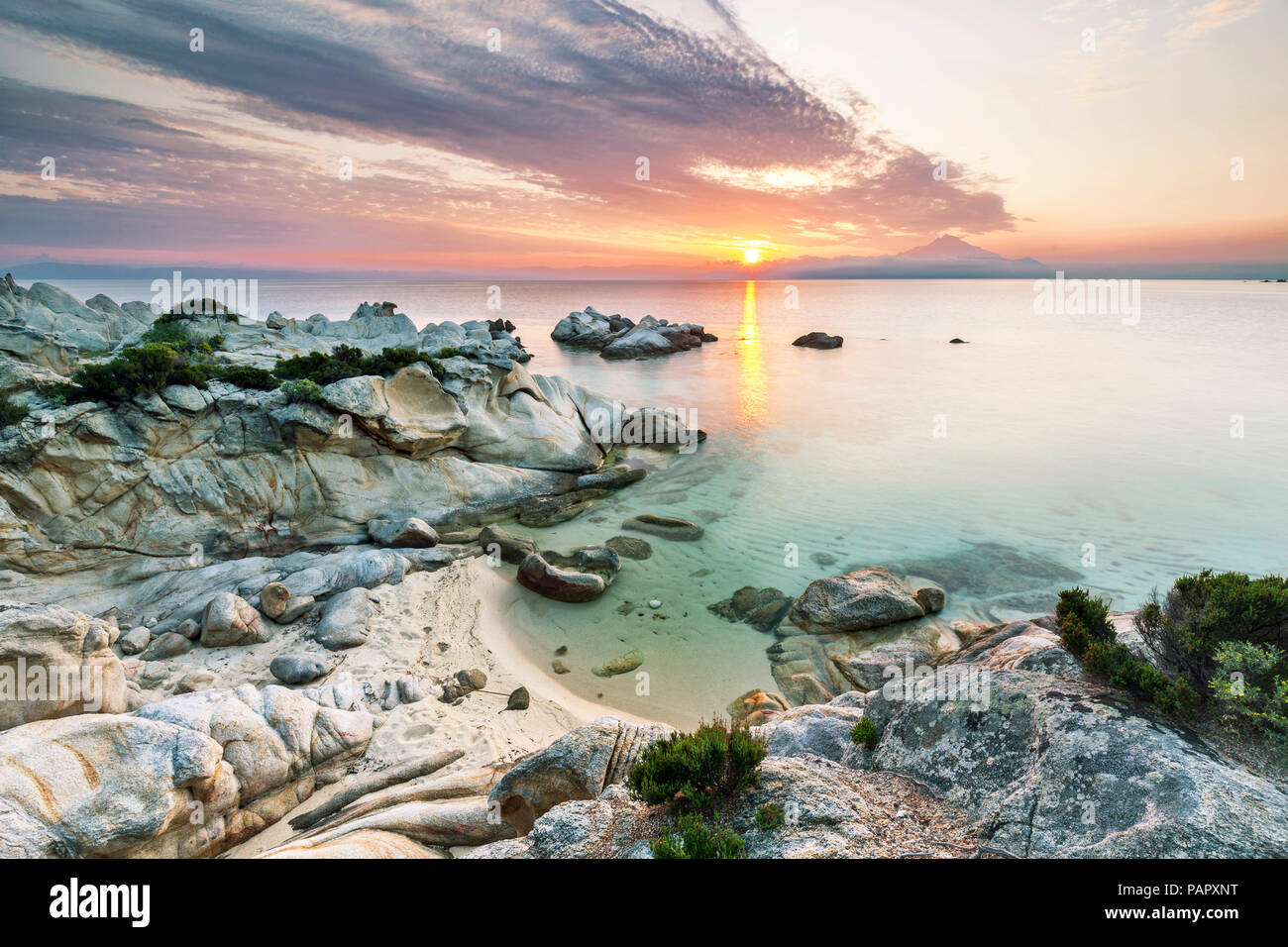 Greece, Macedonia, Chalkidiki, Sarti, Orange Beach at sunset Stock Photo