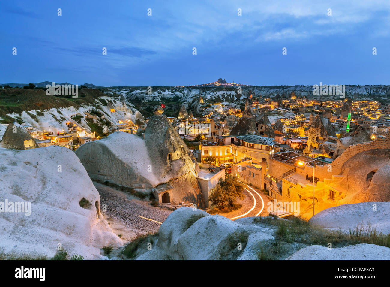 Turkey, Aksaray Province, Guezelyurt, Cappadocia, Goereme in the evening Stock Photo