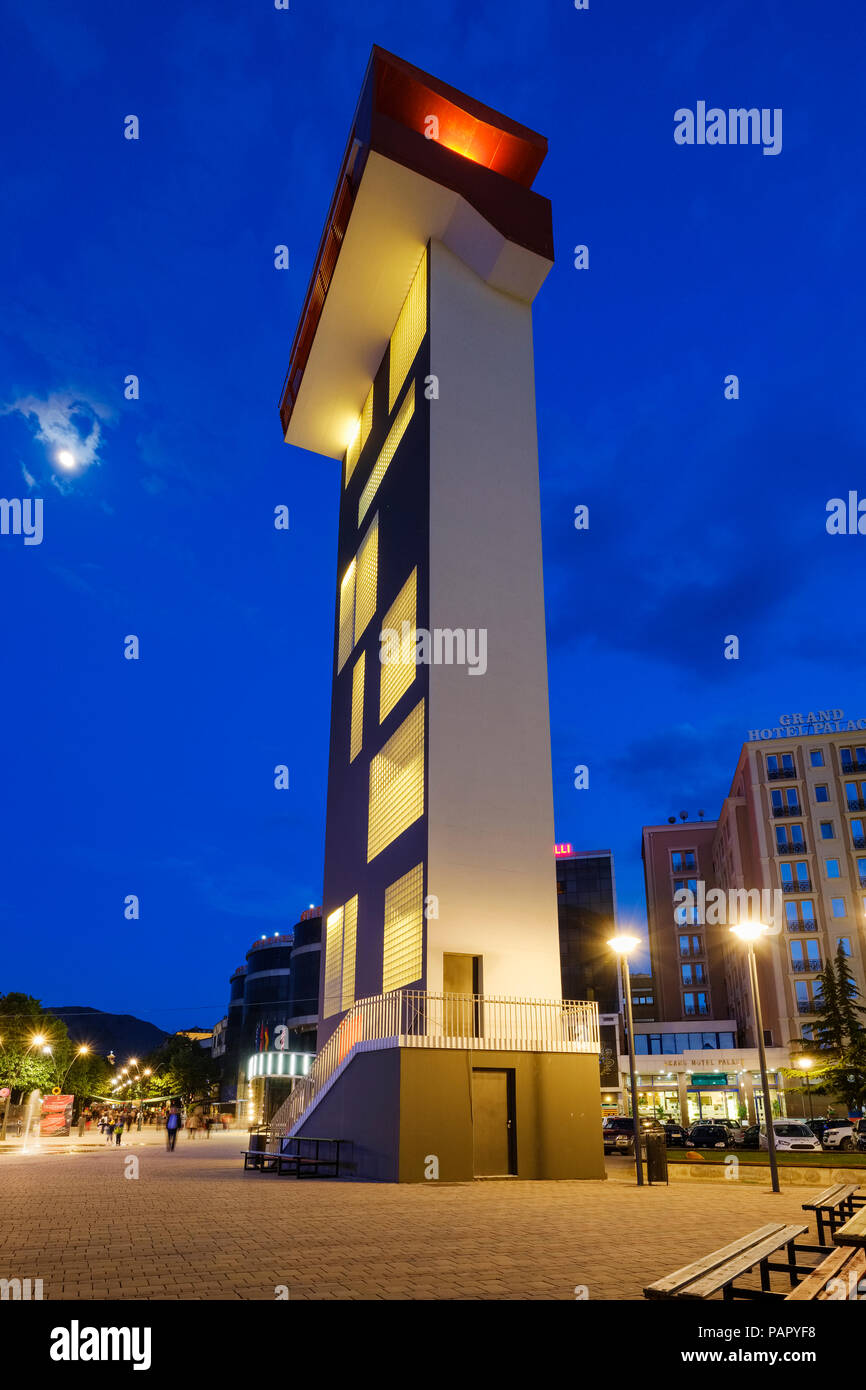 Albania, Korca, Red Tower at Theater Square Stock Photo