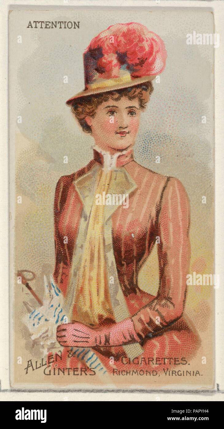 Attention, from the Parasol Drills series (N18) for Allen & Ginter Cigarettes Brands. Dimensions: Sheet: 2 3/4 x 1 1/2 in. (7 x 3.8 cm). Lithographer: Schumacher & Ettlinger (New York). Publisher: Allen & Ginter (American, Richmond, Virginia). Date: 1888.  Trade cards from the 'Parasol Drill' series (N18), issued in 1888 in a set of 50 cards to promote Allen & Ginter brand cigarettes. Museum: Metropolitan Museum of Art, New York, USA. Stock Photo