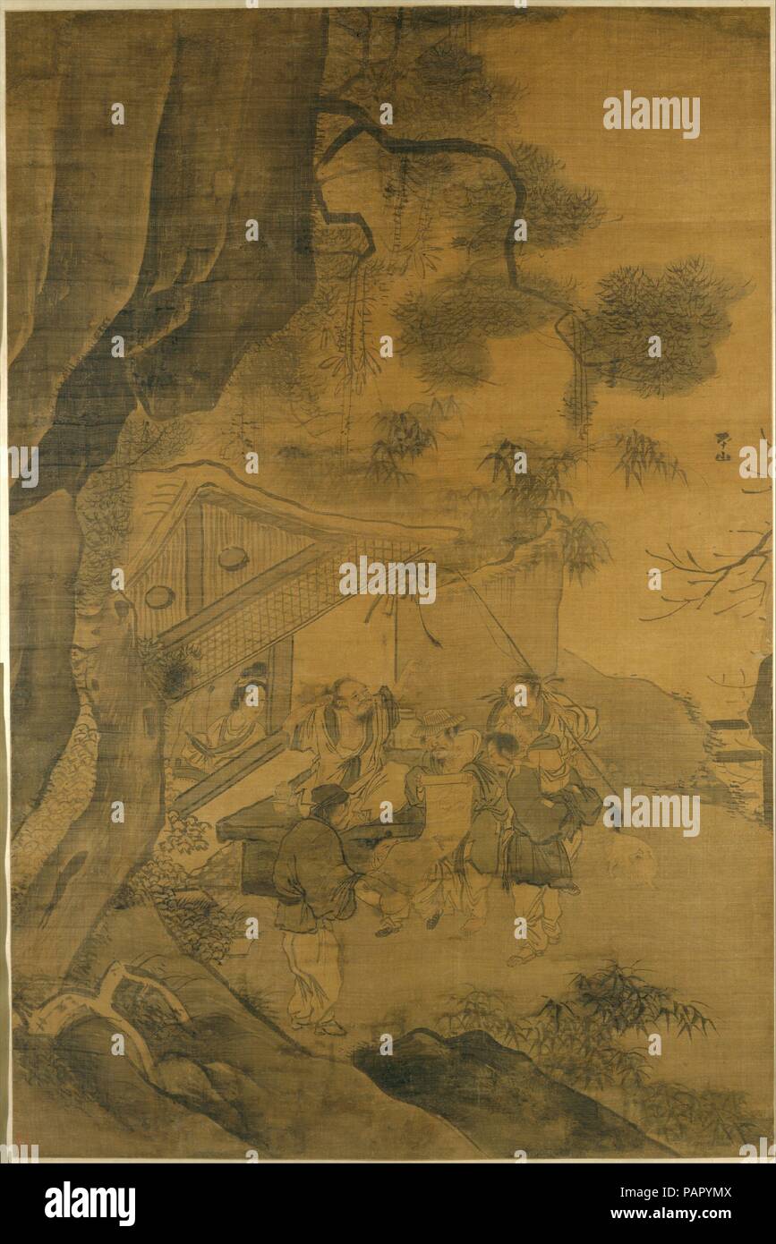 Studying a Painting. Artist: Zhang Lu (Chinese, ca. 1490-ca. 1563). Culture: China. Dimensions: Image: 58 5/8 x 38 7/8 in. (148.9 x 98.7 cm)  Overall with mounting: 103 x 42 1/8 in. (261.6 x 107 cm)  Overall with knobs: 103 x 46 1/4 in. (261.6 x 117.5 cm). Date: 16th century.  Zhang Lu was an aristocrat born into a wealthy family and educated with princes of the imperial family. He attained great success as a professional painter but lived very simply, almost as a hermit. He began his study of painting by emulating the leading court painter, Wang E (act. ca. 1490-after 1541), but quickly turne Stock Photo
