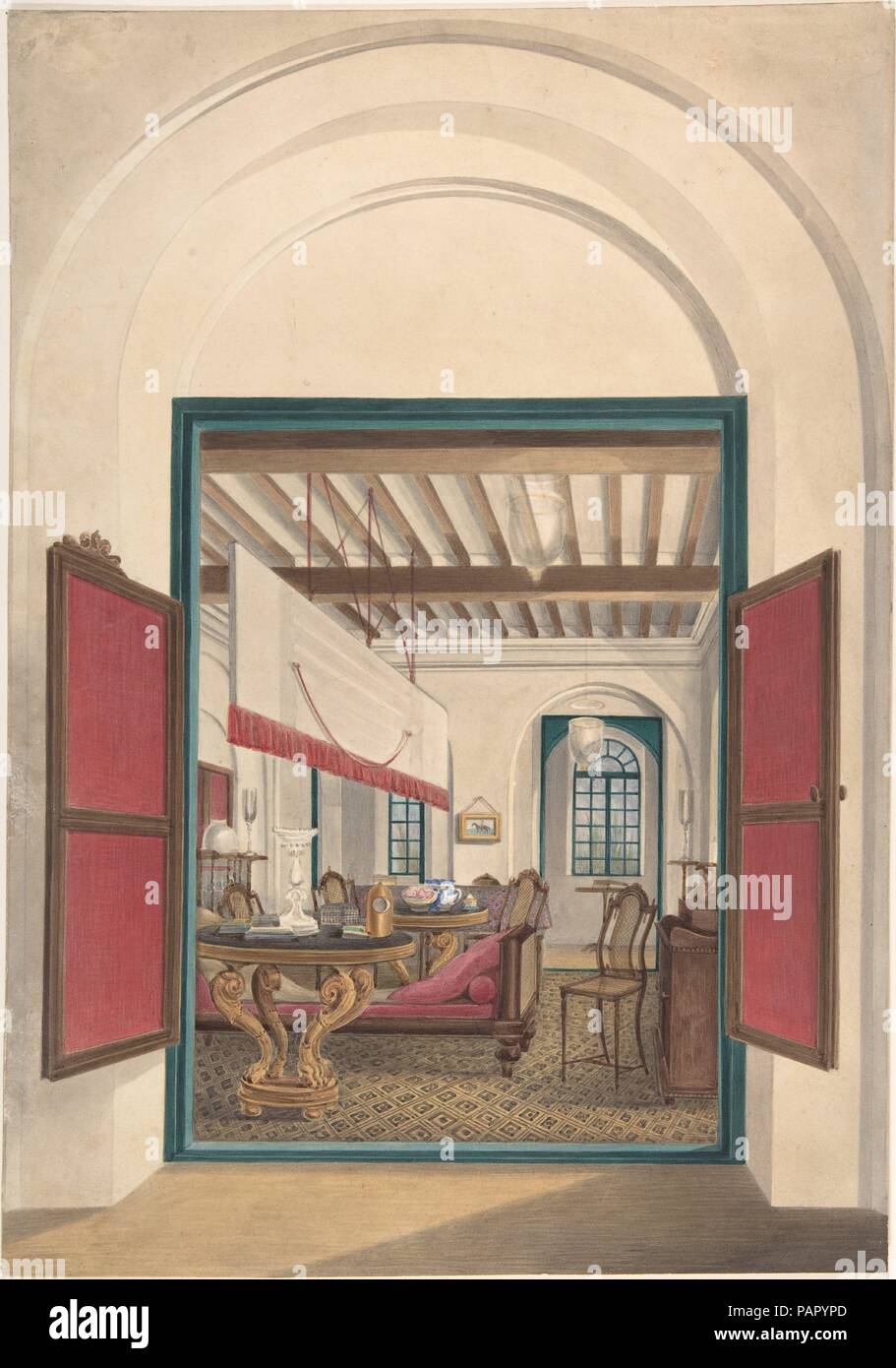 English Interior in India. Artist: Anonymous, British, 19th century. Dimensions: sheet: 14 1/4 x 10 in. (36.2 x 25.4 cm). Date: ca. 1825.  Painted by a skilled unidentified watercolorist, this work records a well-appointed early nineteenth-century room in India during the East India Company period, as viewed from an adjacent veranda. The two pedestal tables with scrolled, gilded legs are likely European imports, while the caned side chairs and low day bed would have been locally made. Swinging half doors and a punkah (a manually operated hanging cloth fan) encourage air circulation, and tall g Stock Photo