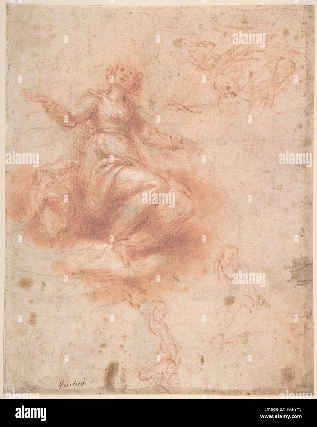 Young Woman on a Cloud with Three Figures (recto); Studies of an Old Man and a Hand (verso). Artist: Francesco Furini (Italian, Florence 1603-1646 Florence). Dimensions: Sheet: 9 9/16 x 7 5/8 in. (24.3 x 19.4 cm). Date: 17th century. This double-sided sheet of studies in red chalk is an excellent and characteristic example of Furini's draftsmanship. It seems to be an early work by the artist, and the recto, with a study of a woman on a cloud, may have been preparatory for a lost painting of the 'Immaculate Conception' or, more likely, an 'Assumption.' The drawing can be dated to the late 1620 Stock Photo