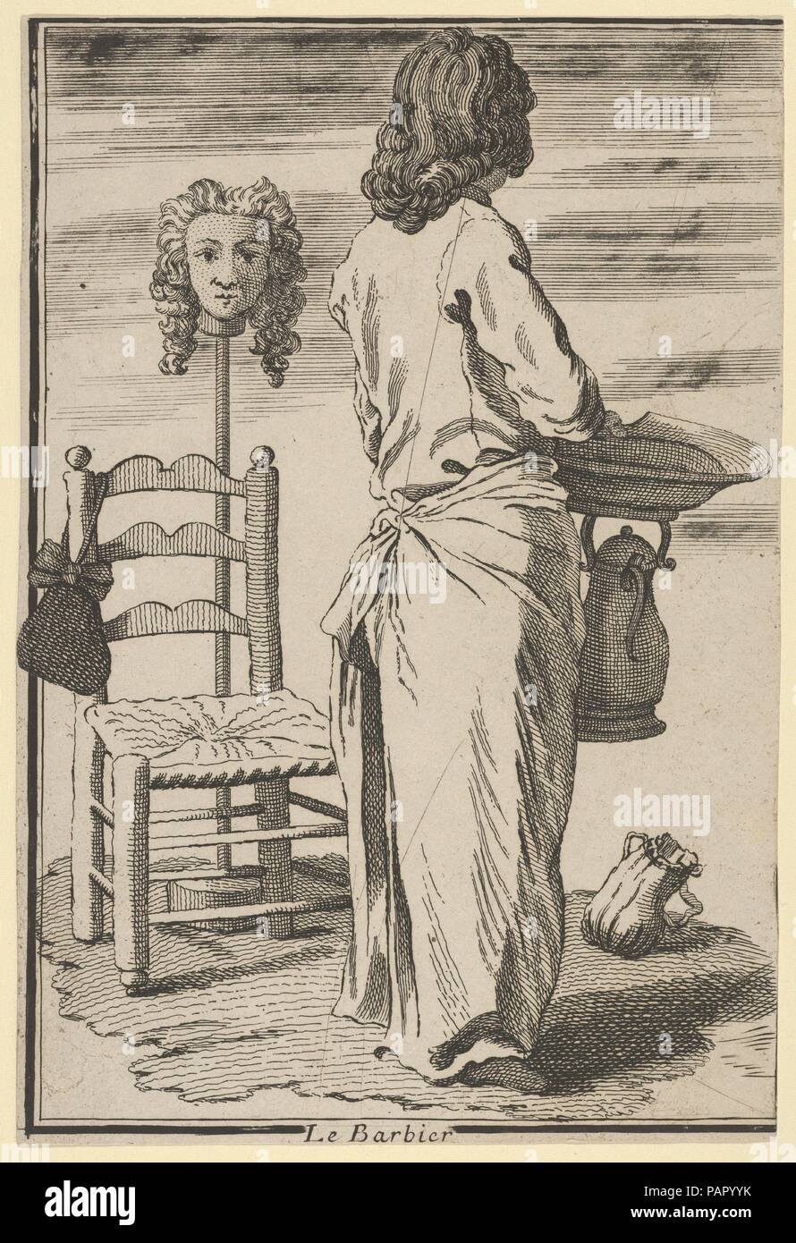 The Barber. Artist: Anonymous, French, 18th century; After Edme Bouchardon (French, Chaumont 1698-1762 Paris). Dimensions: Sheet: 9 1/4 × 6 1/4 in. (23.5 × 15.9 cm). Date: after 1742. Museum: Metropolitan Museum of Art, New York, USA. Stock Photo