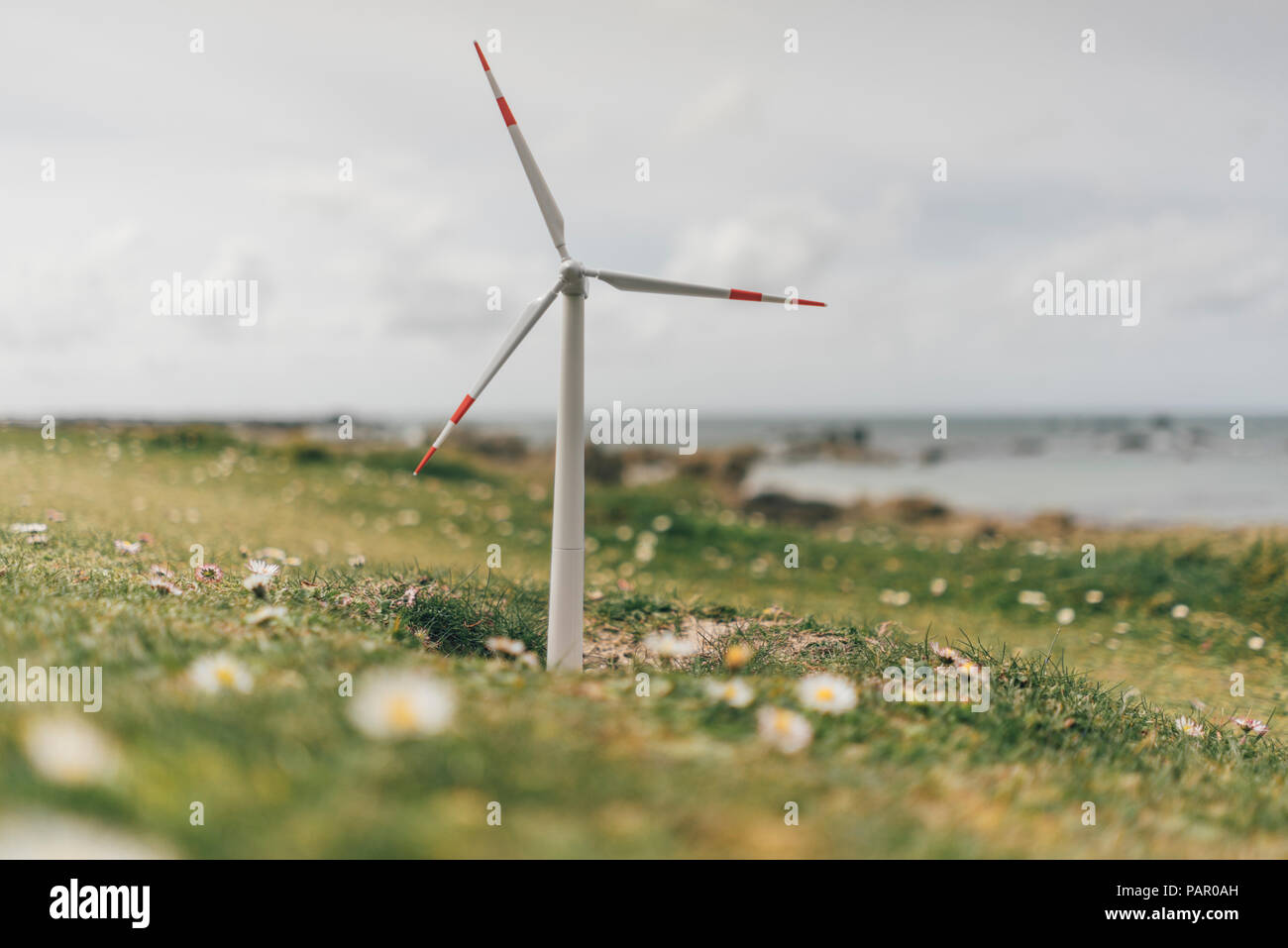 France, Brittany, Meneham, miniature wind turbine at the coast Stock Photo