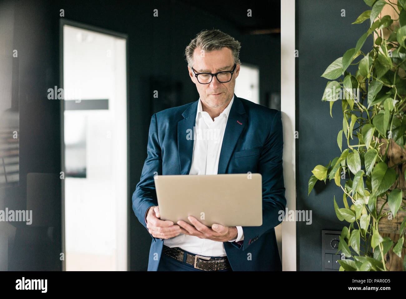Mature businessman standing in office using laptop Stock Photo