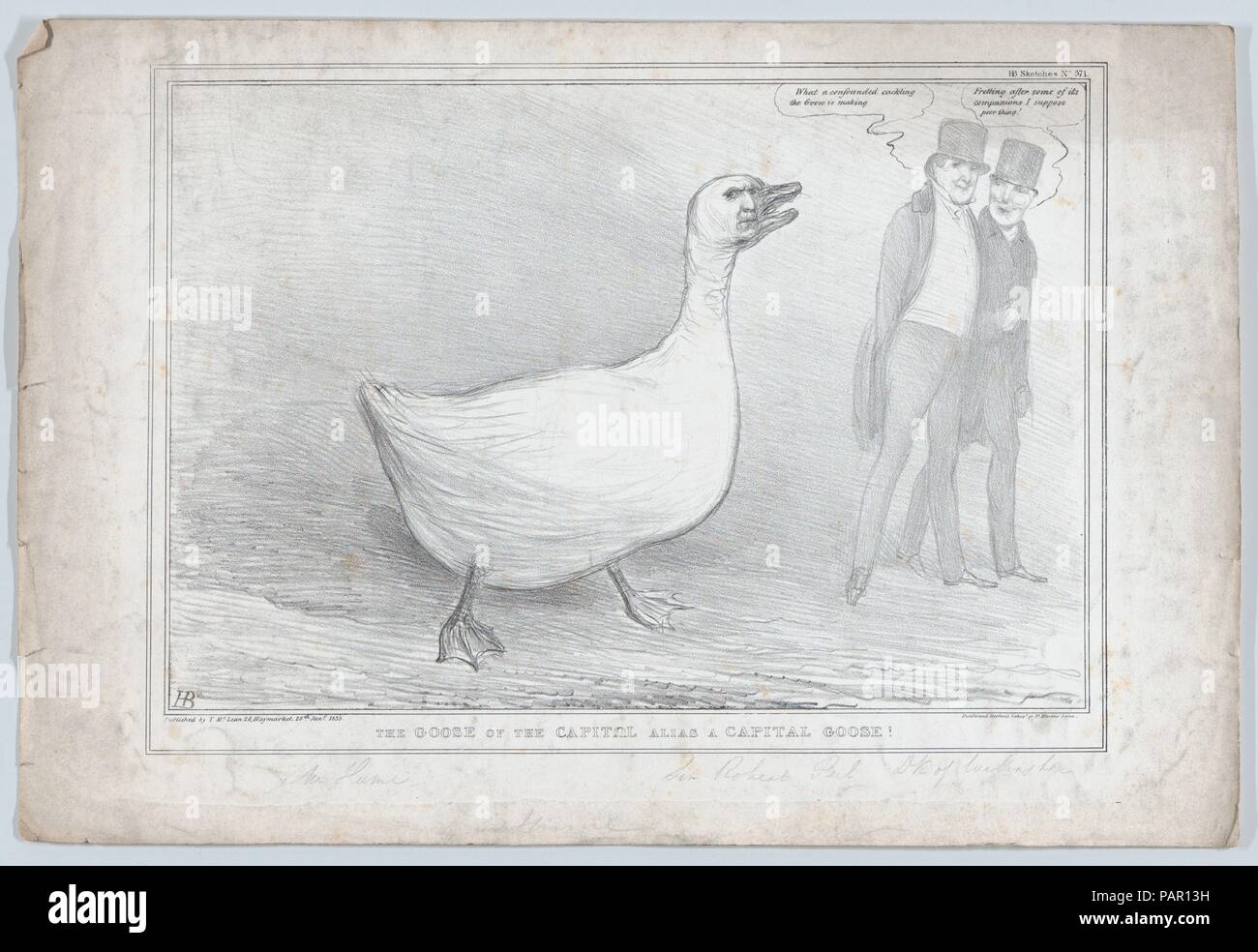 The Goose of the Capitol Alias a Capital Goose!. Artist: John Doyle (Irish, Dublin 1797-1868 London). Dimensions: Sheet: 11 3/4 × 17 7/16 in. (29.8 × 44.3 cm). Lithographer: Ducôte and Stephen (British, active 1830-40). Publisher: Thomas McLean (British, active London 1788-1885). Series/Portfolio: HB Sketches, No. 371. Subject: Arthur Wellesley, 1st Duke of Wellington (British, 1769-1852); Sir Robert Peel (British, Bury, 1788-1850); Joseph Hume (British, 1777-1855). Date: January 26, 1835. Museum: Metropolitan Museum of Art, New York, USA. Stock Photo