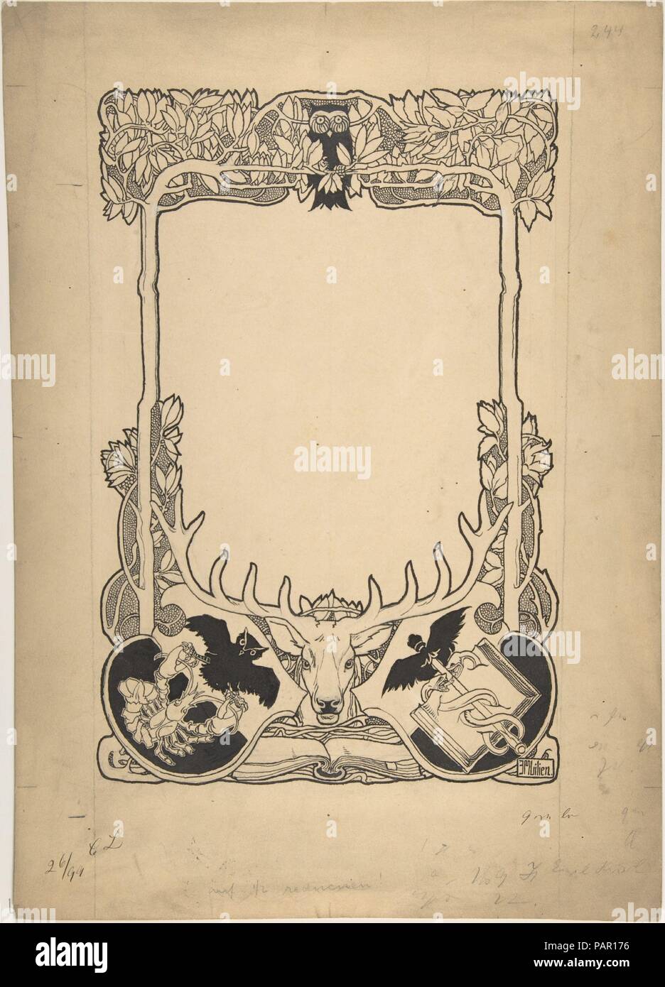 Design for Cover of Book Catalogue of Emil Hirsh, Munich. Artist: Ephraim Mose Lilien (Austrian, Drohobycz 1874-1925 Braunschweig). Dimensions: 17 x 12 in.  (43.2 x 30.5 cm). Date: late 19th-early 20th century. Museum: Metropolitan Museum of Art, New York, USA. Stock Photo