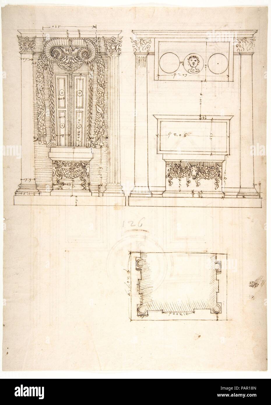 Unidentified, funerary altar, plan and elevations (recto) S. Giovanni Laterano, Oratorio della Santa Croce, paneling, elevation (verso). Dimensions: sheet: 15 3/8 x 11 1/8 in. (39 x 28.3 cm). Draftsman: Drawn by Anonymous, French, 16th century. Series/Portfolio: Goldschmidt Scrapbook. Date: early to mid-16th century. Museum: Metropolitan Museum of Art, New York, USA. Stock Photo