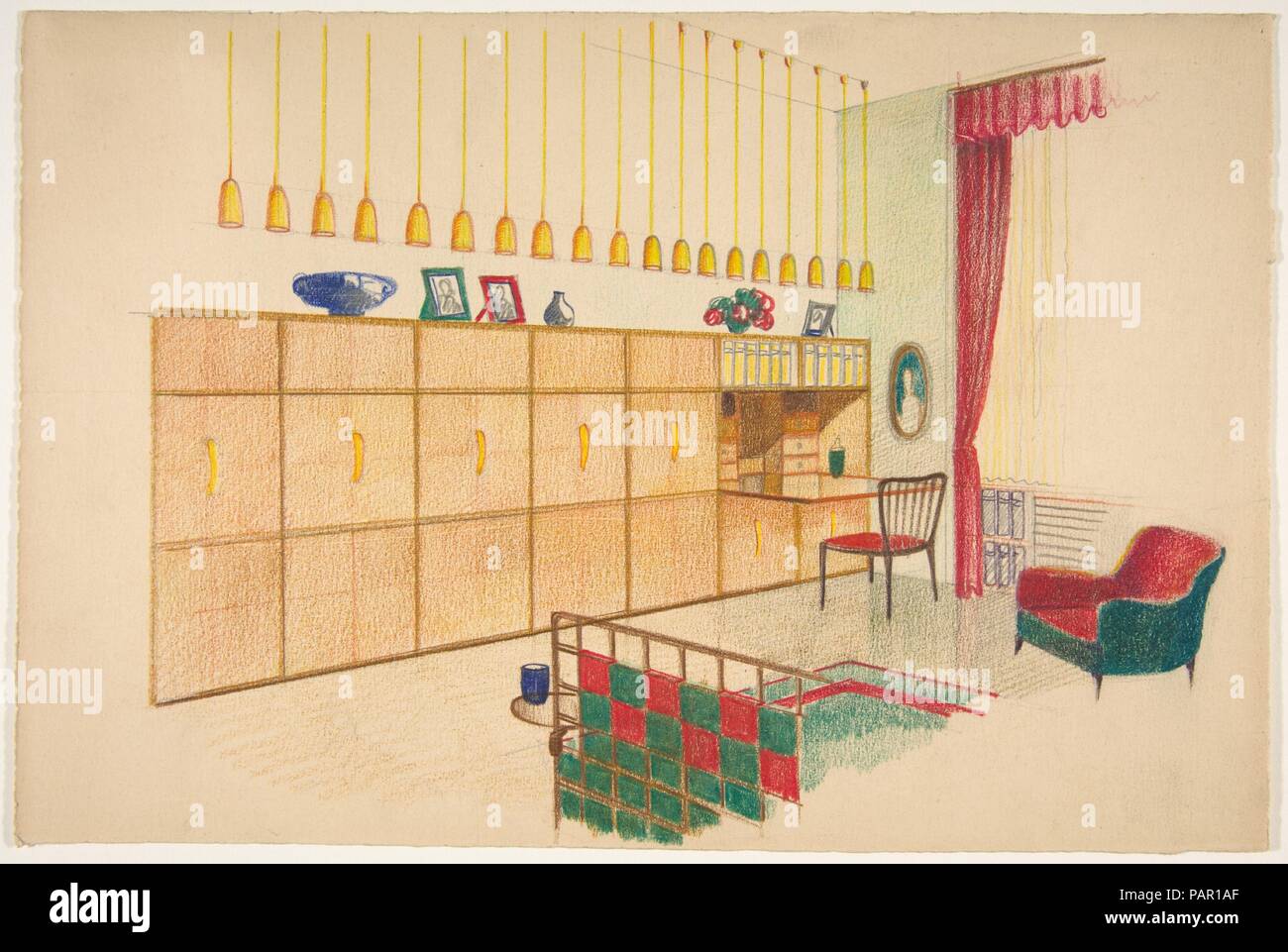 Perspective of Living Room with Fitted, Built-in Units. Artist: Guglielmo Ulrich (Italian, 1904-1977). Date: 1944. Museum: Metropolitan Museum of Art, New York, USA. Stock Photo