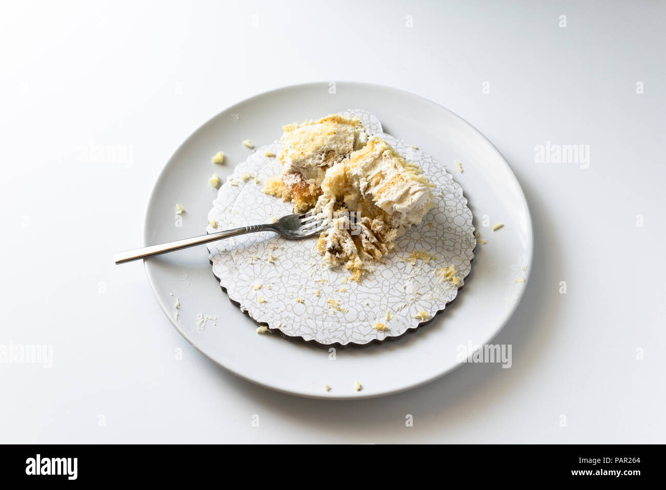 Unfinished cake plate, dirty dish and broken cake Stock Photo
