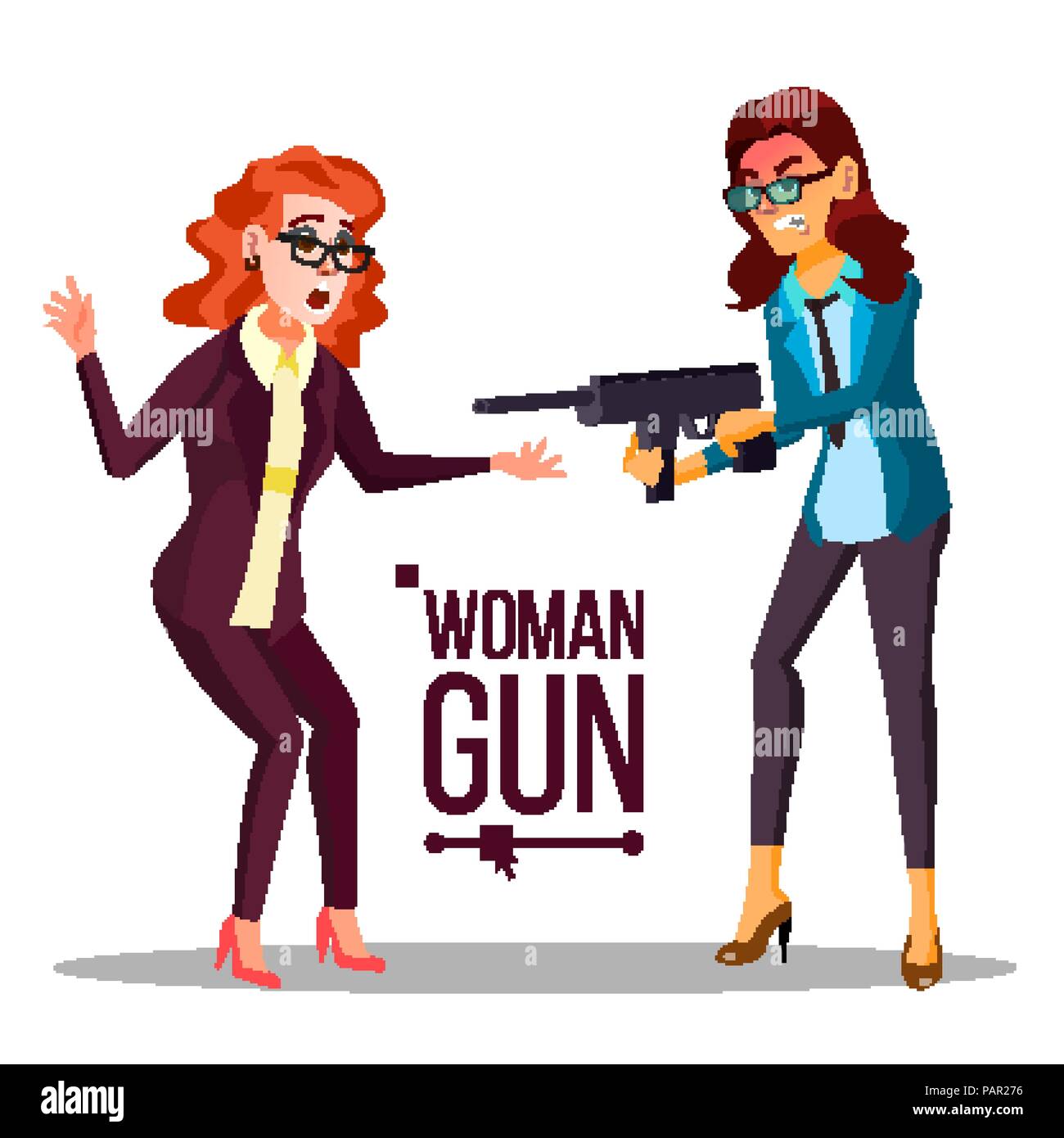 Business Woman With Gun Vector. Bankruptcy Concept. Pointing, Aiming. Isolated Flat Illustration Stock Vector