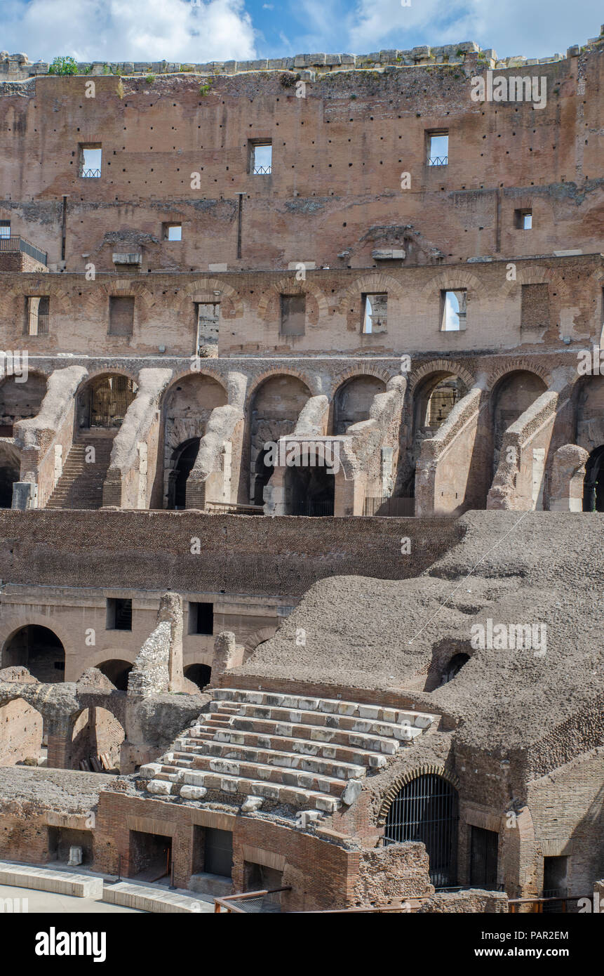 The interior of the Colosseum in Rome showing the reconstructed marble