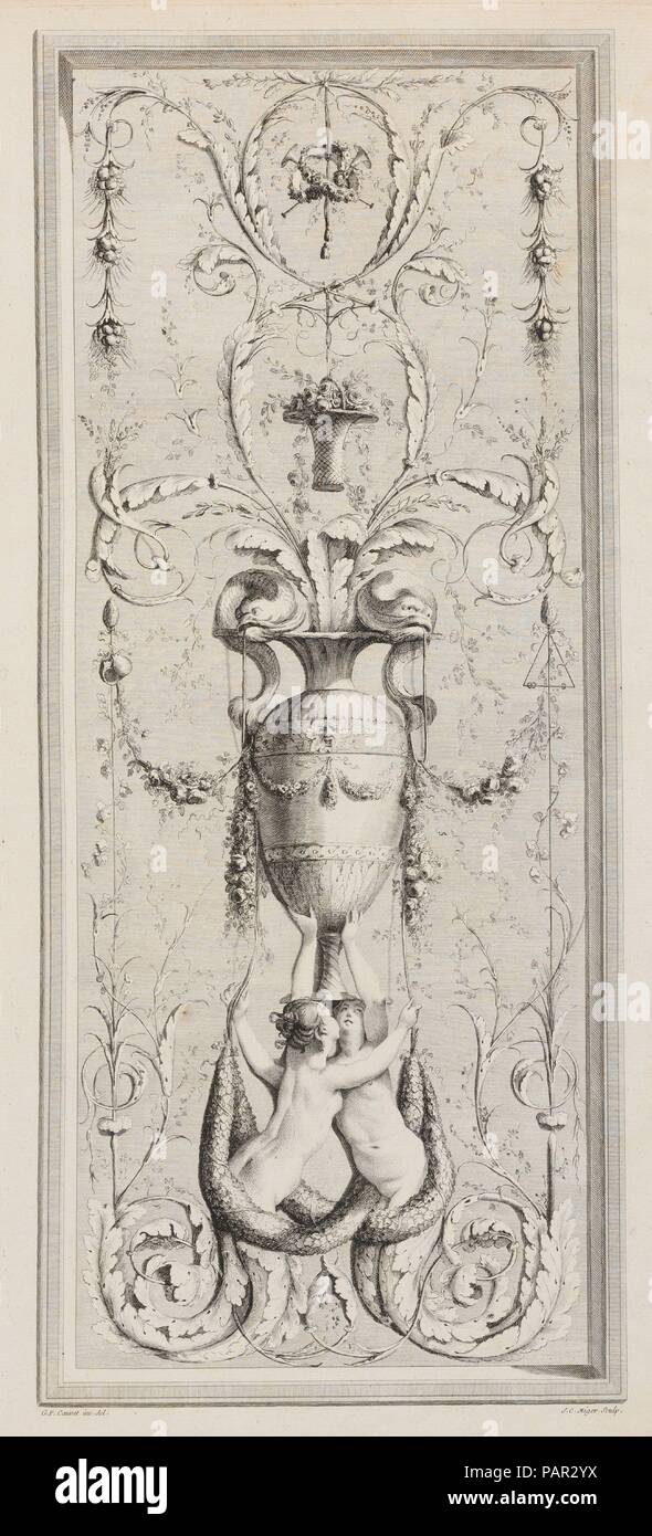 Recueil d'Ornemens A l'Usage des Jeunes Artistes qui se destinent à la décoration des bâtimens. Artist and publisher: Gilles Paul Cauvet (French, Aix 1731-1788 Paris). Dedicatee: Dedicated to Louis Stanislas Xavier de Bourbon (French, Versailles 1755-1824 Paris). Dimensions: 21 7/8 x 16 1/8 x 1 3/16 in. (55.5 x 41 x 3 cm). Engraver: Engraved by J. Le Roy (French); Engraved by Pietro Antonio Martini (Italian, Trescali 1738-1797 Parma); Engraved by Petit (French); Engraved by Pierre Viel (French, Paris 1755-1810 Paris); Engraved by Mme. Darby (French). Etcher: Etched by Simon Charles Miger (Fren Stock Photo