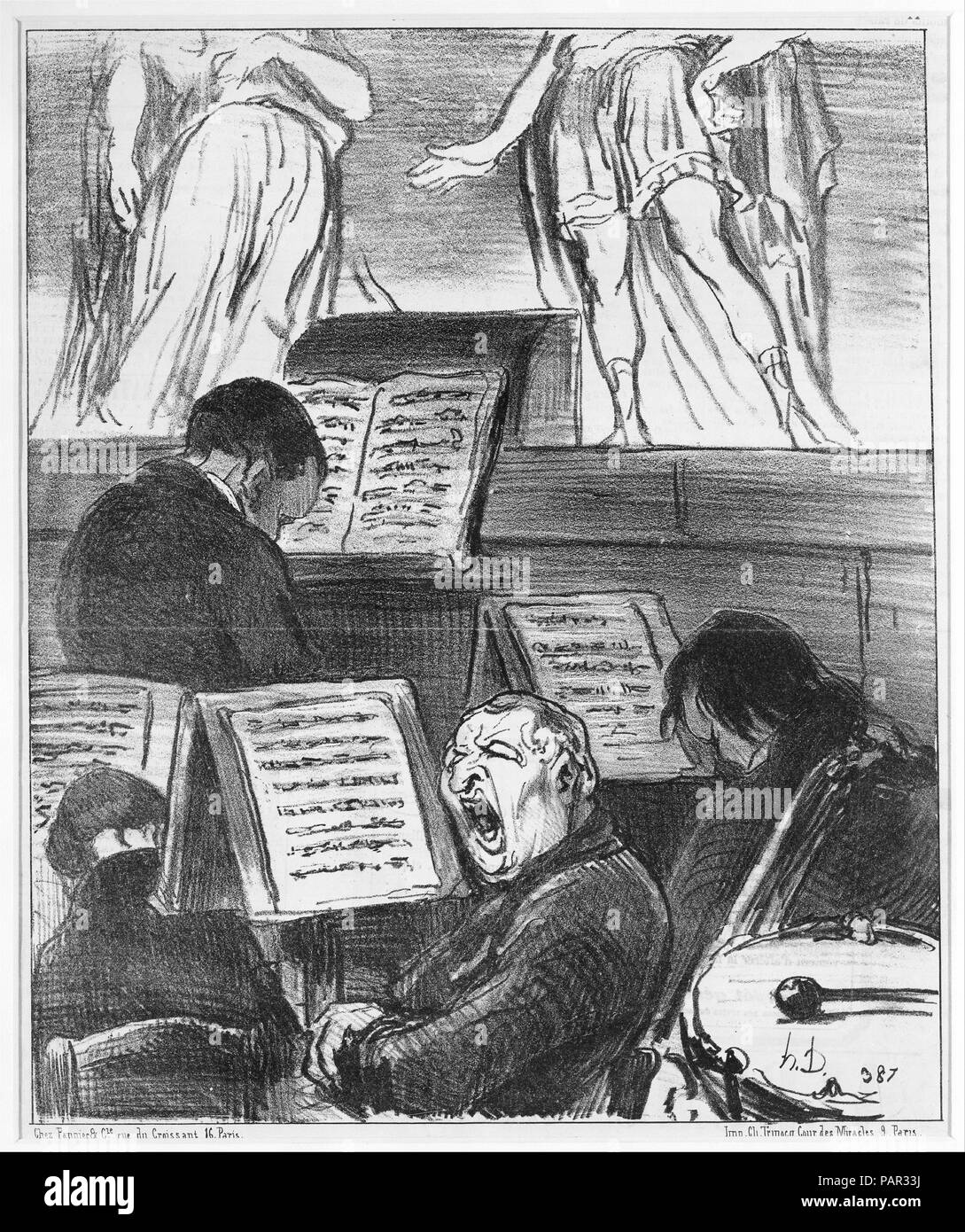 The Orchestra During the Performance of a Tragedy (L'orchestre pendant qu'on joue une tragédie), from Croquis Musicaux, published in Le Charivari,  April 5, 1852. Artist: Honoré Daumier (French, Marseilles 1808-1879 Valmondois). Dimensions: Sheet: 14 3/16 × 10 1/16 in. (36 × 25.5 cm)  Image: 10 1/4 × 8 9/16 in. (26.1 × 21.7 cm). Printer: Pannier et Cie. (Paris). Publisher: Charles Trinocq (Paris). Series/Portfolio: Croquis Musicaux. Date: April 5, 1852. Museum: Metropolitan Museum of Art, New York, USA. Stock Photo